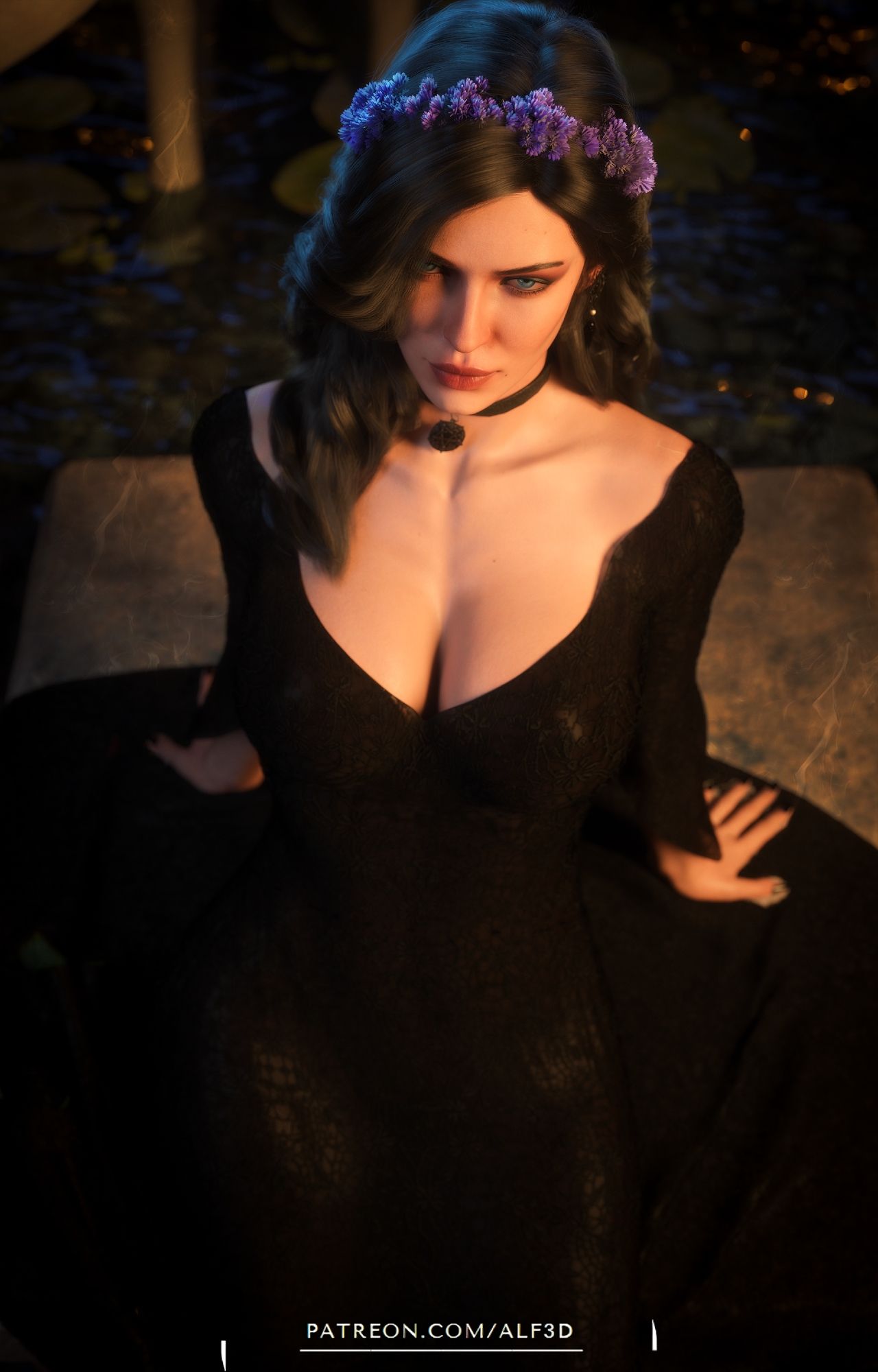 1girls, 3d, alf3d, black dress, black hair, black nails, breasts, cd projekt red, clothing, female, female only, flower crown, flower in hair, light-skinned female, mascara, necklace, nipples visible through clothing, purple eyes, seductive look, solo, solo female, the witcher (series), the witcher 3: wild hunt, yennefer