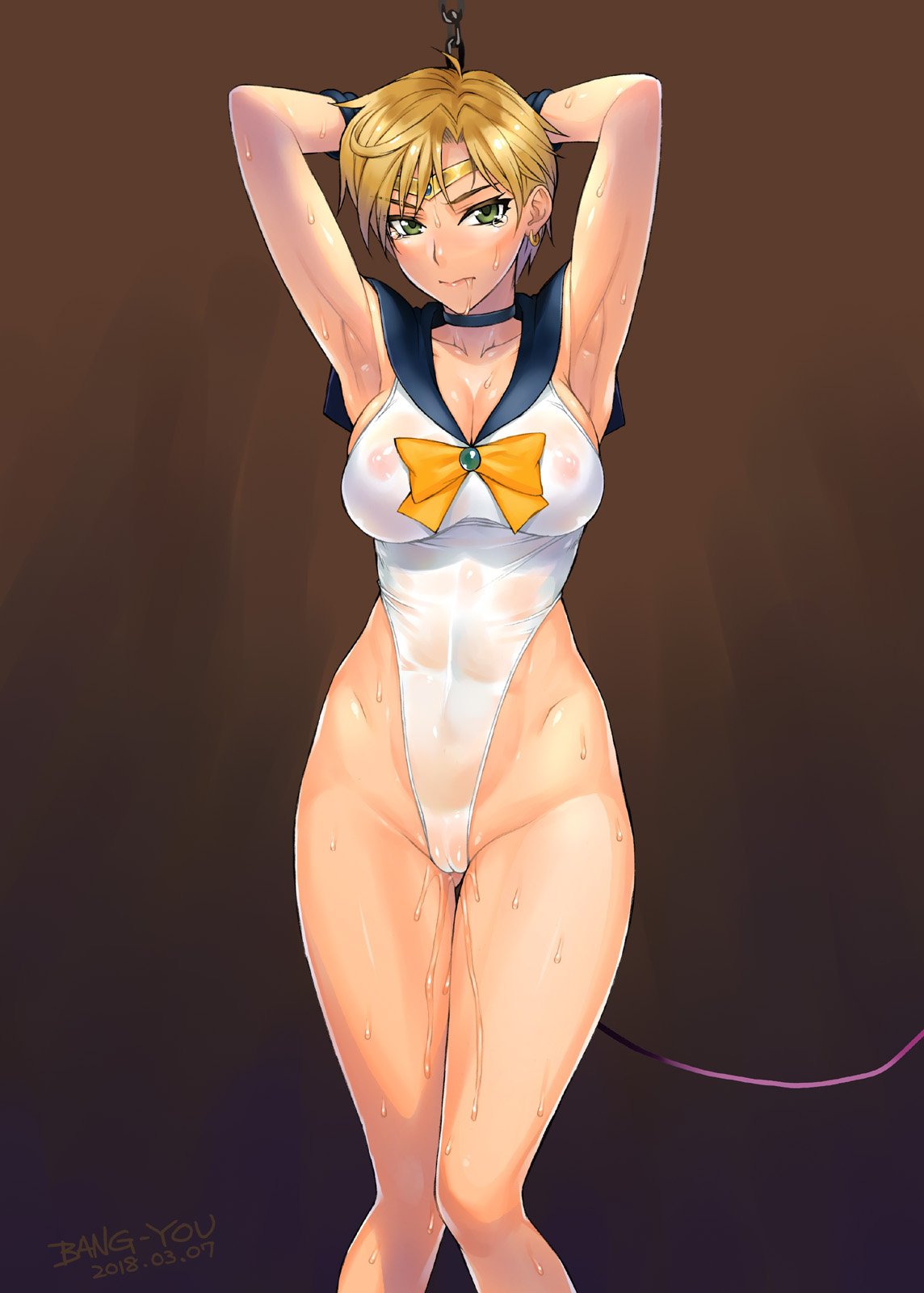 armpits bang-you bishoujo_senshi_sailor_moon blonde_hair blush bondage bound breasts cameltoe clothing female green_eyes haruka_tenou highres large_breasts leotard looking_at_viewer medium_breasts nipples pokies pussy_juice sailor_uranus saliva see-through short_hair solo sweat tiara very_short_hair