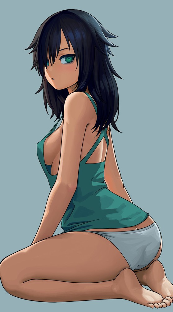 1girls, ass, bare shoulders, barefoot, black hair, breasts, clothing, erect nipples, feet, female, green eyes, hair over one eye, human, human only, kneeling, kuroki tomoko, lasterk, medium breasts, nipples, no bra, panties, sideboob, soles, tank top, toes, watashi ga motenai no wa dou kangaetemo omaera ga warui!