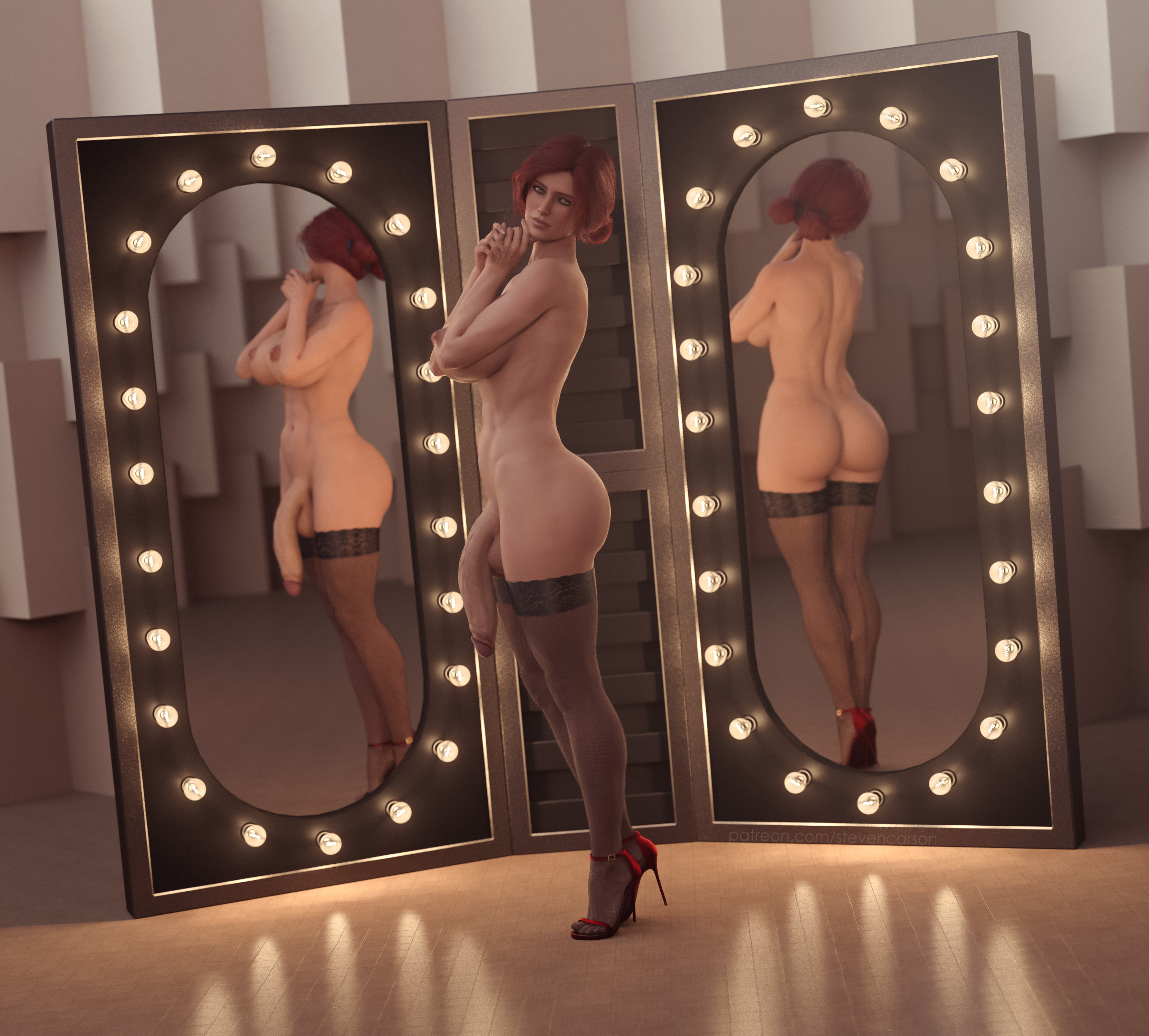 1futa, 3d, areolae, ass, balls, breasts, cd projekt red, curvy, erect nipples, flaccid, futa only, futanari, high heels, huge breasts, huge penis, intersex, large areolae, large ass, looking at viewer, naked footwear, naked heels, naked stockings, naked thighhighs, nipples, nude, penis, realistic, red hair, stevencarson, stockings, the witcher, the witcher (series), the witcher 2, the witcher 3: wild hunt, thighhighs, triss merigold, wide hips