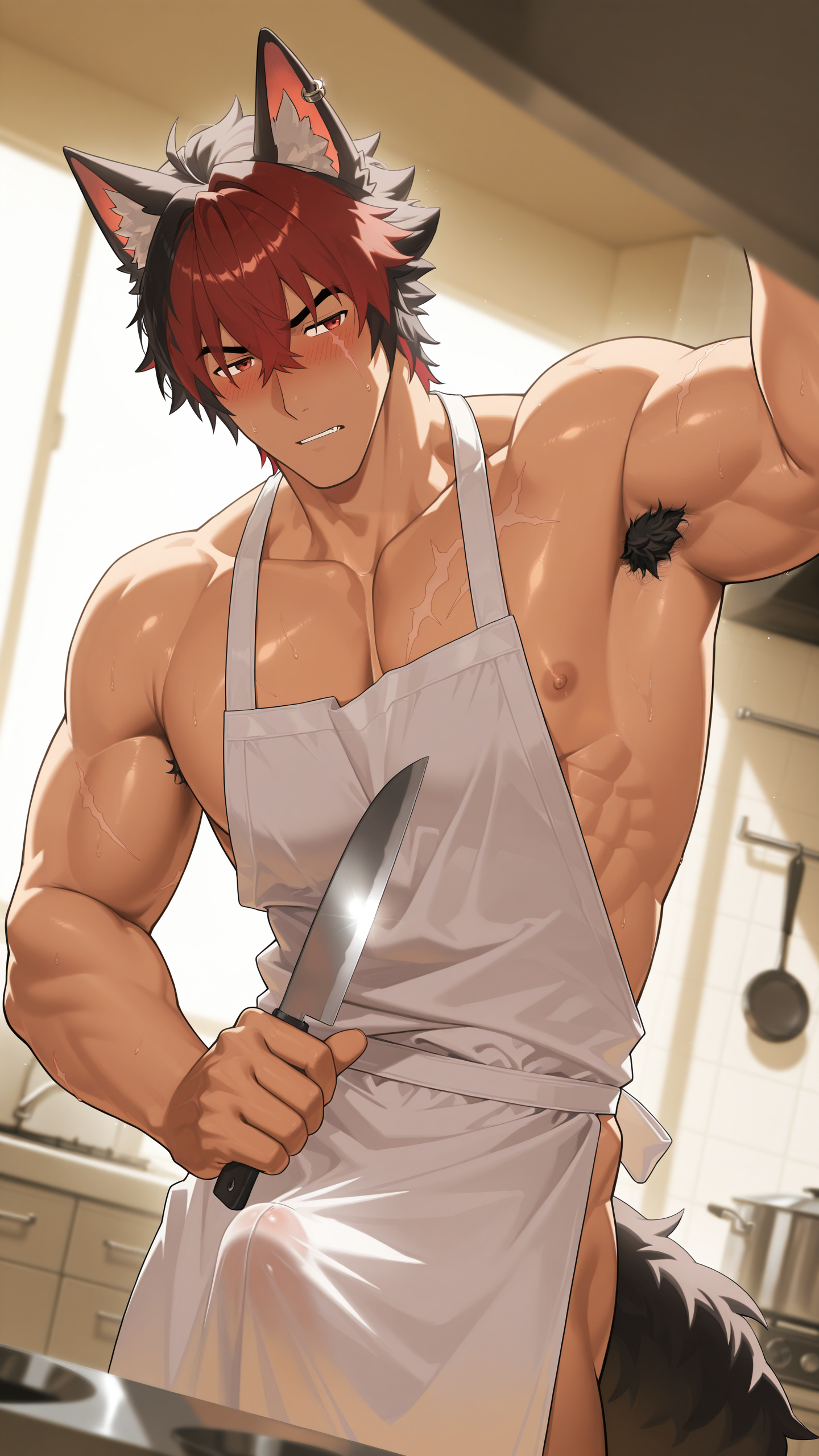 ai generated, bara, chinbaba0623, gay, komano manato, male, male focus, male only, muscles, muscular, muscular male, yaoi, zenless zone zero