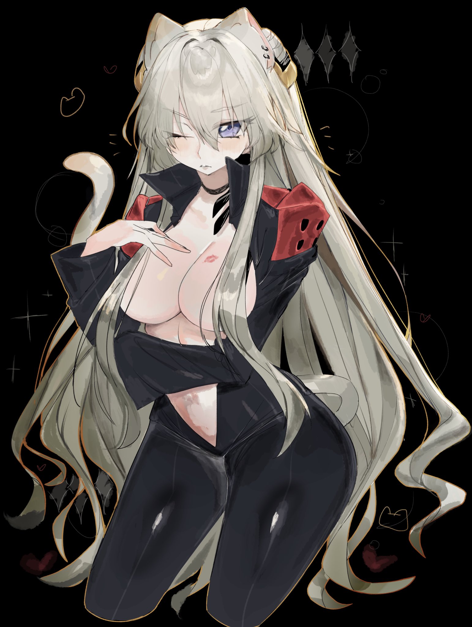 1girls, animal ears, animal humanoid, black background, blonde hair, blue eyes, breasts, cat ears, cat tail, code geass, covered nipples, female, hair between eyes, hair covering breasts, kiss mark, kiss mark on breast, leila malcal, nekomimi, one eye closed, simple background, tagme, tail, usa37107692