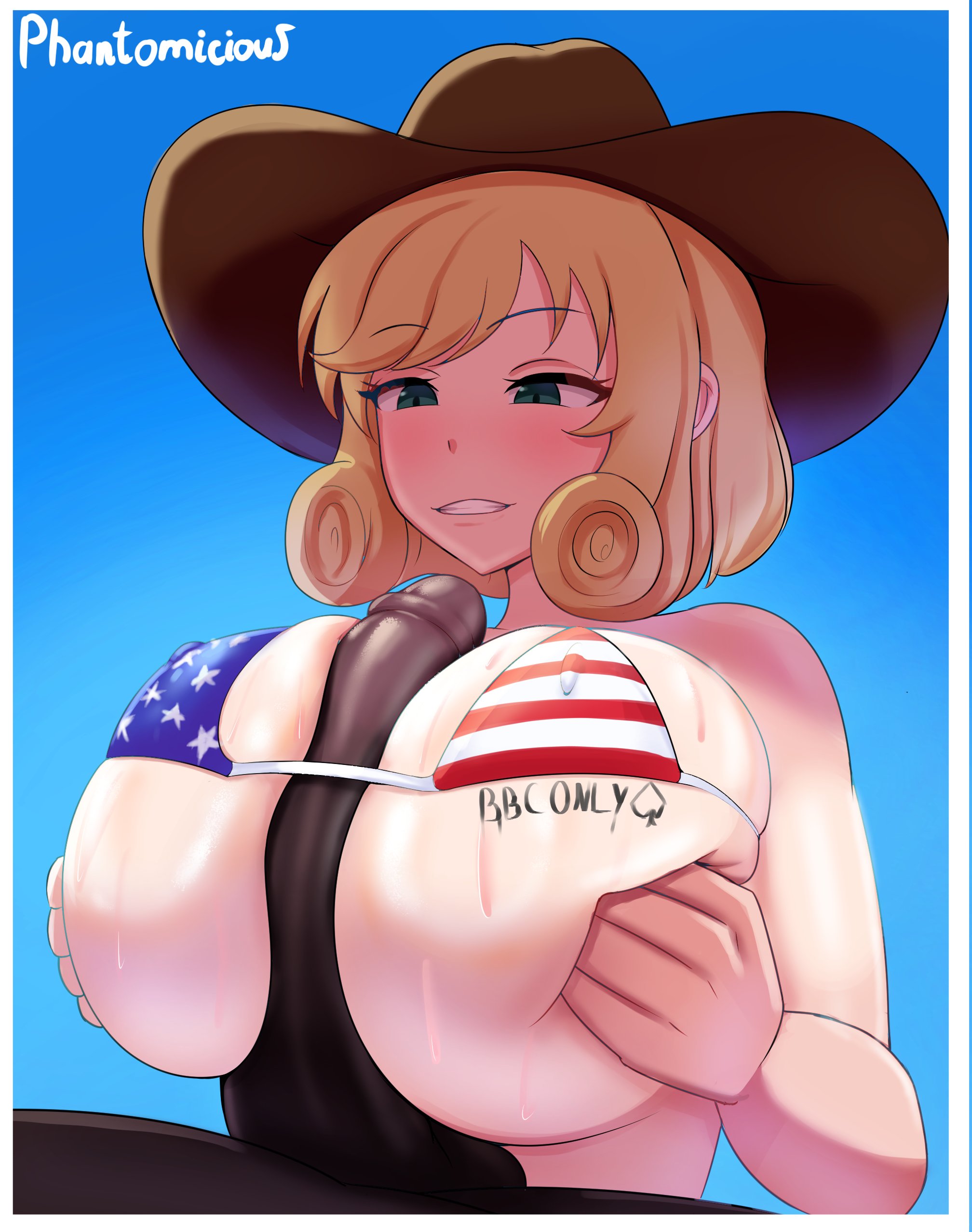 1boy, 1girls, american flag, american flag bikini, artist name, big breasts, bikini top, blonde hair, blush, breasts, cowboy hat, dark skin, dark-skinned male, eyebrows visible through hair, female, green eyes, haruka (senran kagura), hat, huge breasts, huge cock, interracial, light skin, light-skinned female, looking at penis, male, marvelous, nipple bulge, outdoors, paizuri, paizuri lead by female, paizuri under clothes, penis, phantomicious, qos, queen of spades, raceplay, senran kagura, swimsuit