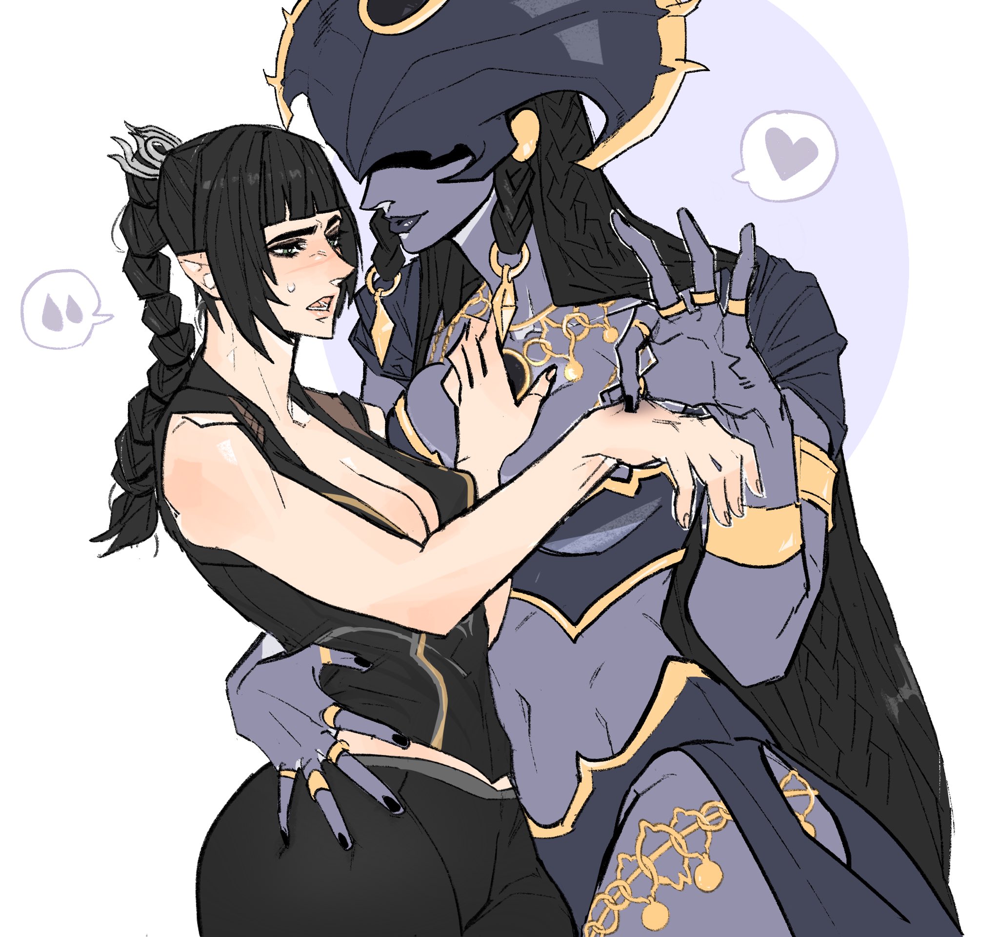 2girls, arm around waist, armlet, armor, baldur's gate, baldur's gate 3, bare arms, bare shoulders, bikini armor, black hair, black lips, black nails, black shirt, black skin, black-skinned female, blunt bangs, bracelet, breasts, cleavage, colored skin, commentary request, covered eyes, cowboy shot, dark skin, dark-skinned female, deity, dungeons and dragons, elf, female, goth, goth girl, gothic, grey skin, hair ornament, hair rings, half elf, hand on another's chest, hand on another's waist, heart, helmet, highres, jewelry, korean commentary, light skin, light-skinned female, long hair, multiple hair ties, navel, necklace, open mouth, pinching, pointy ears, purple skin, purple-skinned female, ring, shadowheart, shadowheart (baldur's gate), shar (baldur's gate), shirt, simple background, sleeveless, sleeveless shirt, smile, spoken heart, spoken sweatdrop, standing, sweatdrop, thighlet, toned, toned female, two-tone skin, wakemeup9end, white background, yuri