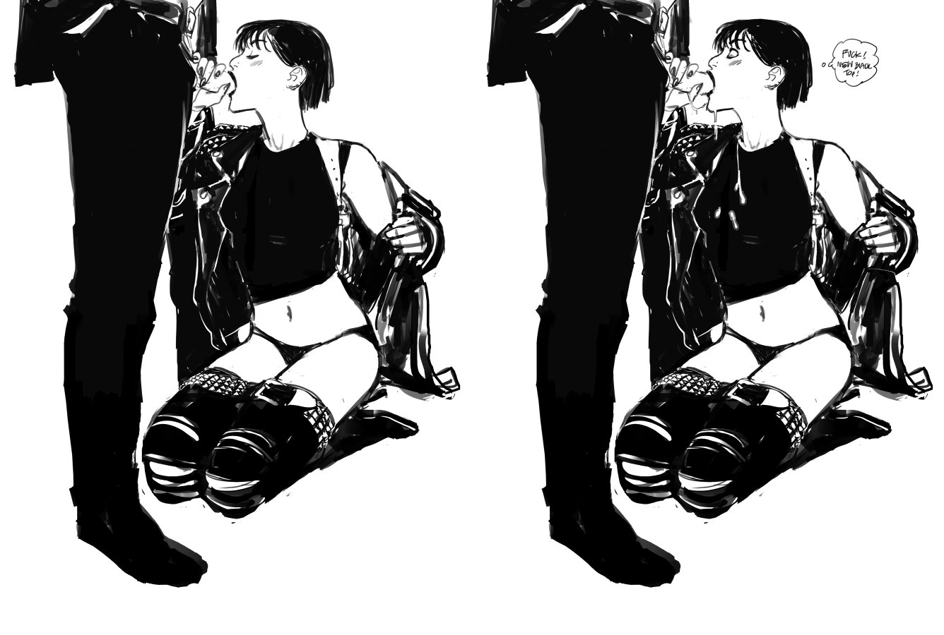 au (artist), black hair, blowjob, boli-blog, clothed male partially nude female, cum, cum on body, cum on clothes, natalia (au), penis through fly