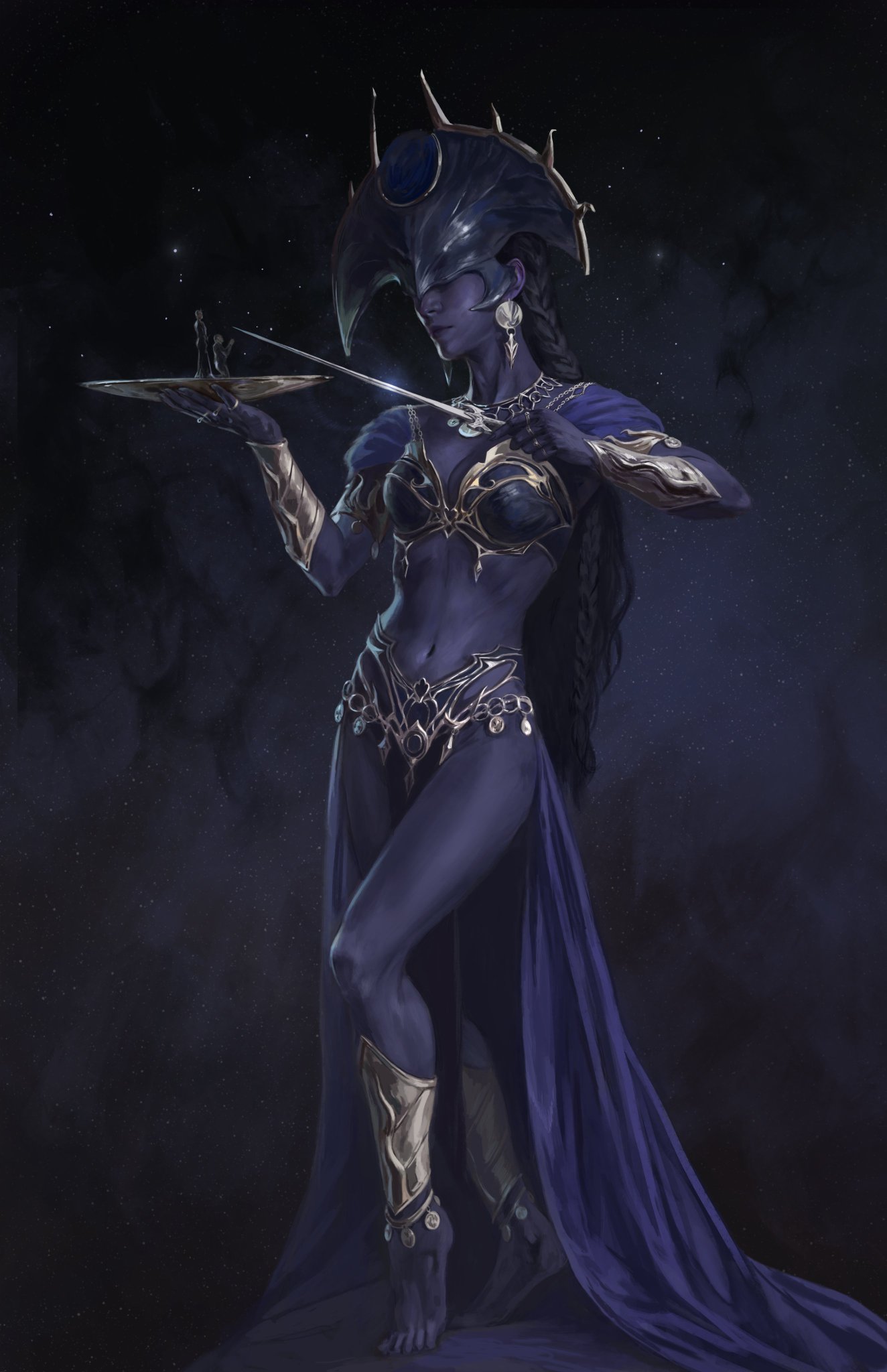 1girls, absurdres, armor, baldur's gate, baldur's gate 3, barefoot, bella bergolts, black background, black hair, black skin, black-skinned female, breasts, closed mouth, colored skin, covered eyes, dark fantasy, dark skin, dark-skinned female, deity, earrings, female, full body, gothic, helmet, highres, holding, holding knife, jewelry, knife, long sleeves, medium breasts, multiple hair ties, navel, purple skin, purple-skinned female, shar (baldur's gate), shiny skin, solo, two-tone skin