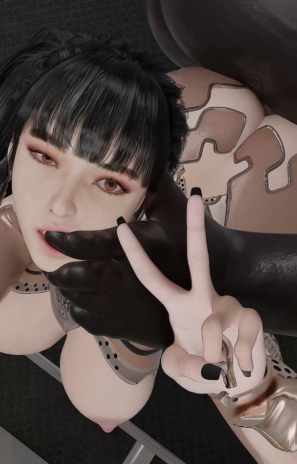 1boy, 1girls, 3d, asian, asian female, bodysuit, breasts, concat1110, dark skin, dark-skinned male, eve (stellar blade), female, finger in another's mouth, finger in mouth, high-angle view, huge ass, huge breasts, interracial, large breasts, male, male/female, nipples, peace sign, selfie, sex, sex from behind, skin suit (stellar blade), skin tight, stellar blade, tight clothes, tight clothing, uneven eyes, v sign, voluptuous