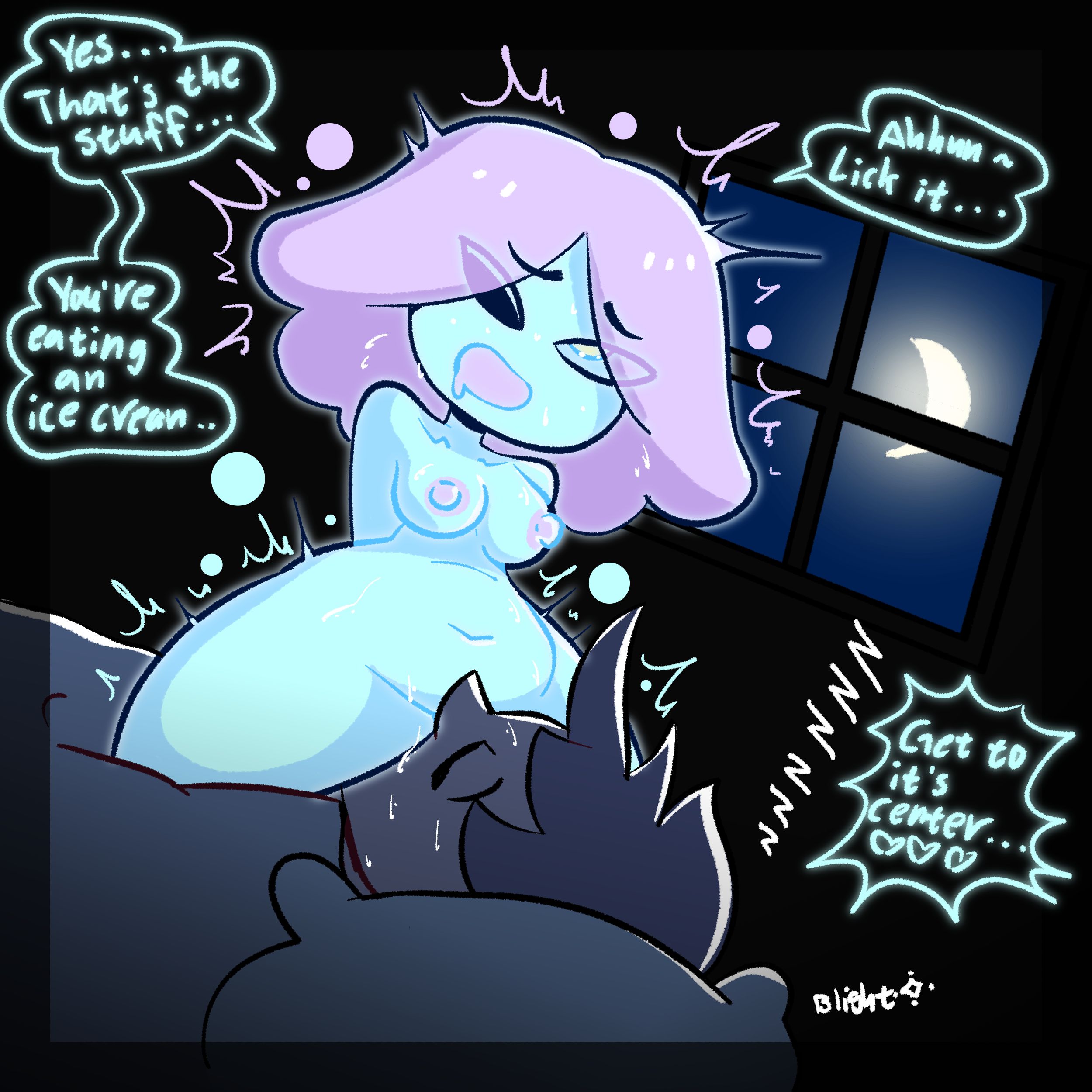 1 eye, 1boy, 1girls, blightstar, blue body, cnc, cunnilingus, dialogue, eating pussy, english text, facesitting, female, femdom, ghost girl, madeleine (blightstar), male, moon, moonlight, original, original character, purple hair, pussy, pussy on face, reverse rape, sleep eating, sleep molestation, sleeping, sleeping male, somnophilia, speech bubble, tagme, zzz