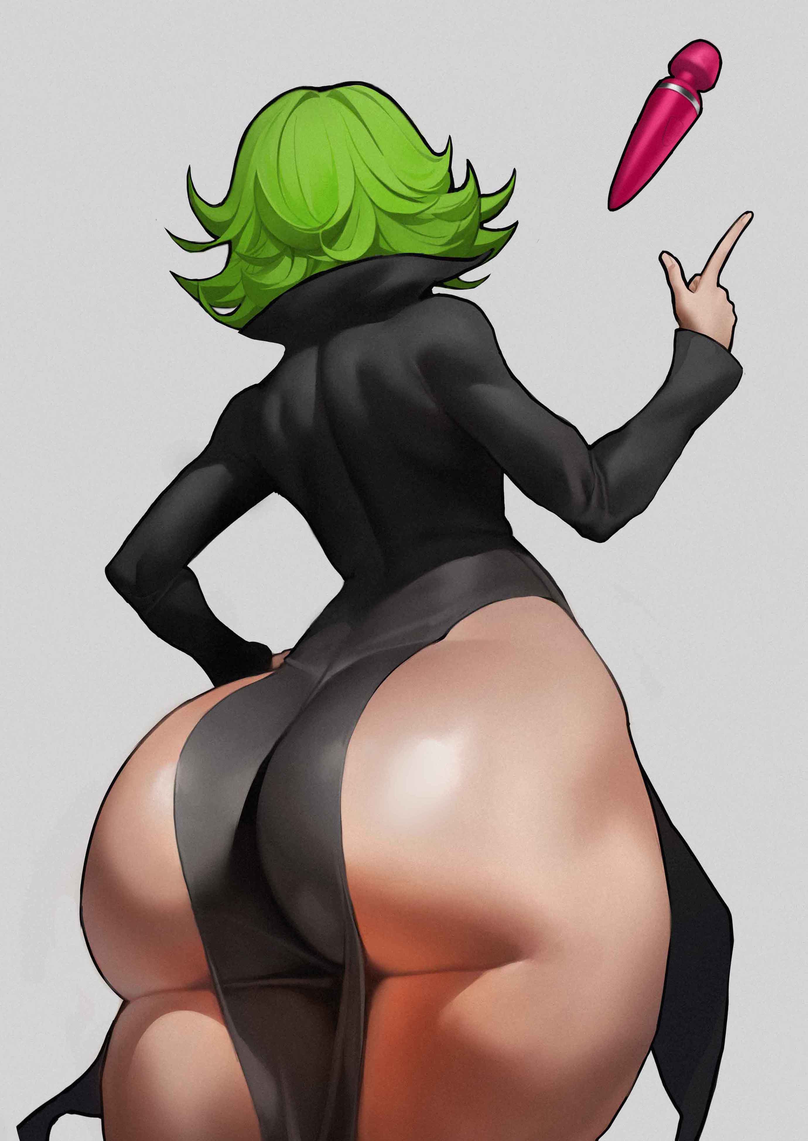 1girls, ass, ass bigger than head, ass bigger than torso, ass hanging out, black dress, curly hair, dildo, faceless female, fat ass, female, female only, from behind, green hair, grey background, hand on hip, huge ass, one-punch man, short hair, simple background, solo, spiralnoww, tatsumaki, thick ass, thick thighs