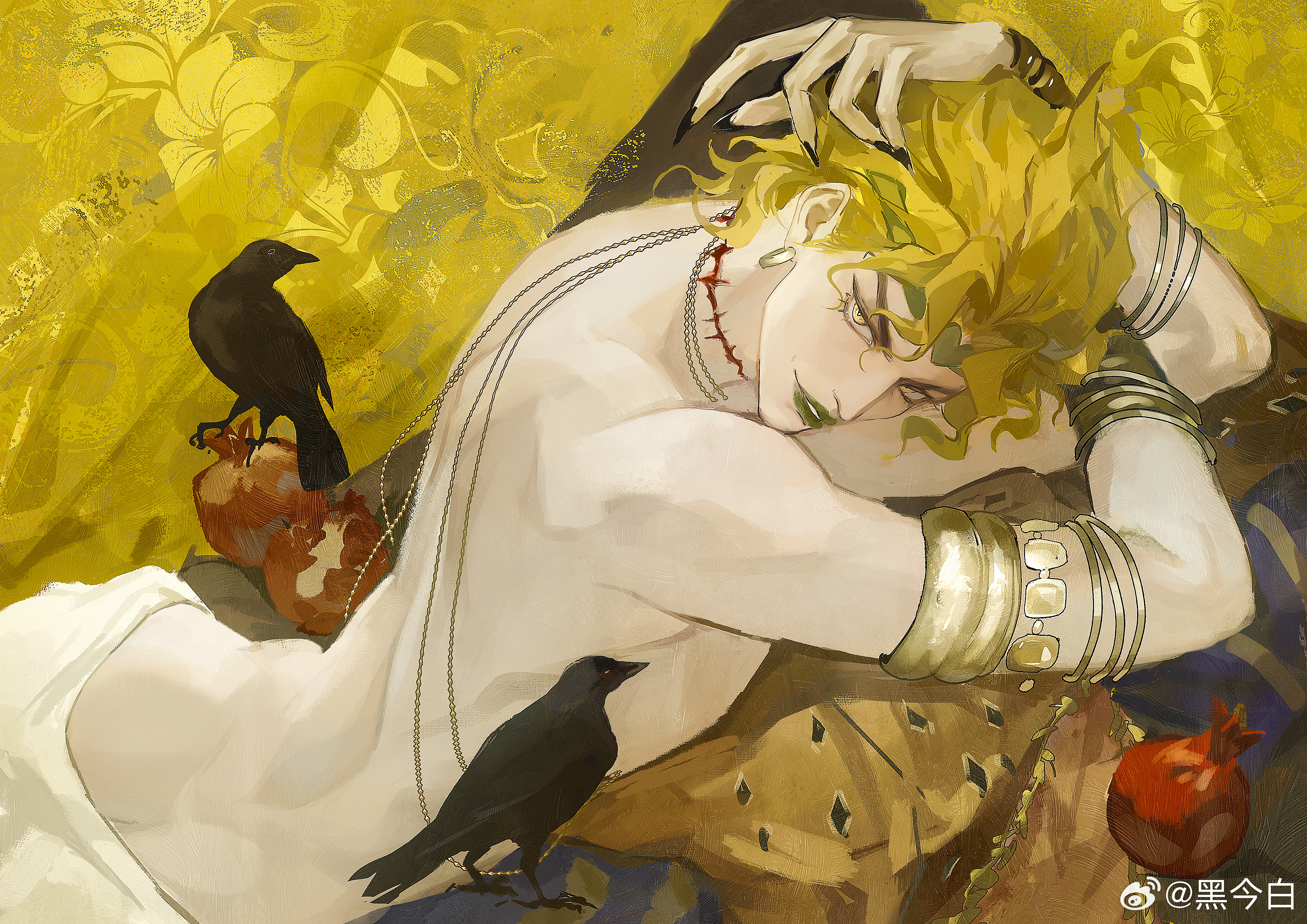 ambush (trap), androgynous, beautiful, beautiful boy, birds, bishounen, blonde hair, dio brando, feminine male, green lipstick, jojo's bizarre adventure, lipstick, long hair, male, male only, pale skin, solo male, stardust crusaders, vampire