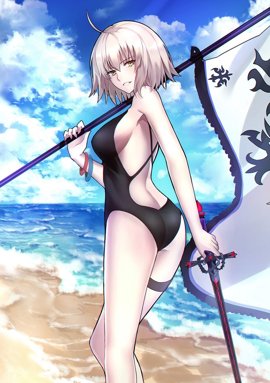 fate/grand_order fate_(series) female female_only flag flagpole from_behind jeanne_alter kousaki_rui looking_at_viewer short_hair swimsuit sword tagme white_hair