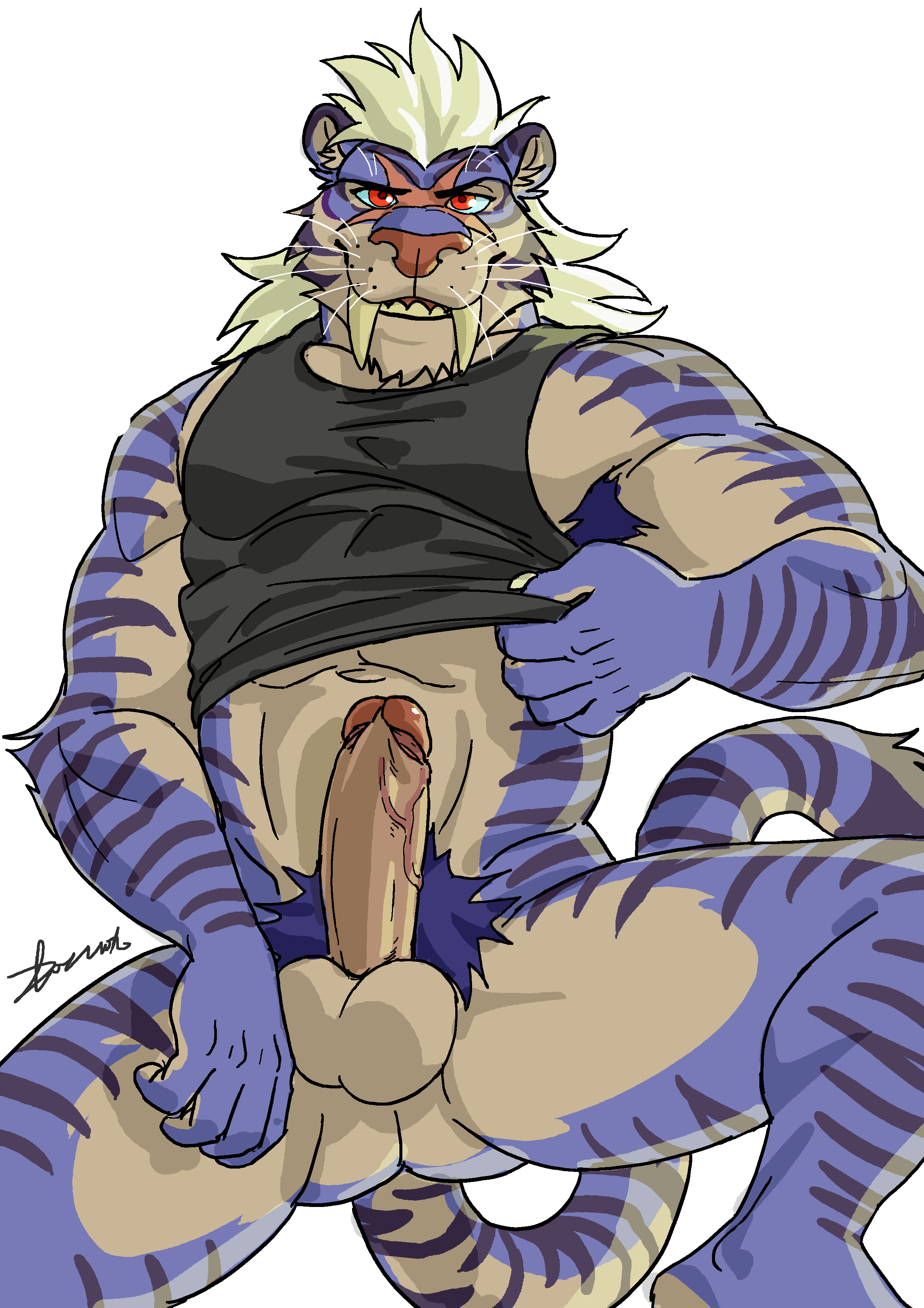 5_fingers abs anthro armpit_hair ass balls blue_fur blue_hair bottomless clothed clothing clothing_lift erection facial_scar fangs feline fur hair hi_res humanoid_penis looking_at_viewer male male_only maltese_tiger mammal multicolored_fur muscular muscular_male orexo pecs penis pubes red_eyes rossciaco scar shirt shirt_lift simple_background sitting solo striped_fur stripes tank_top tiger vein whiskers white_background white_fur white_hair