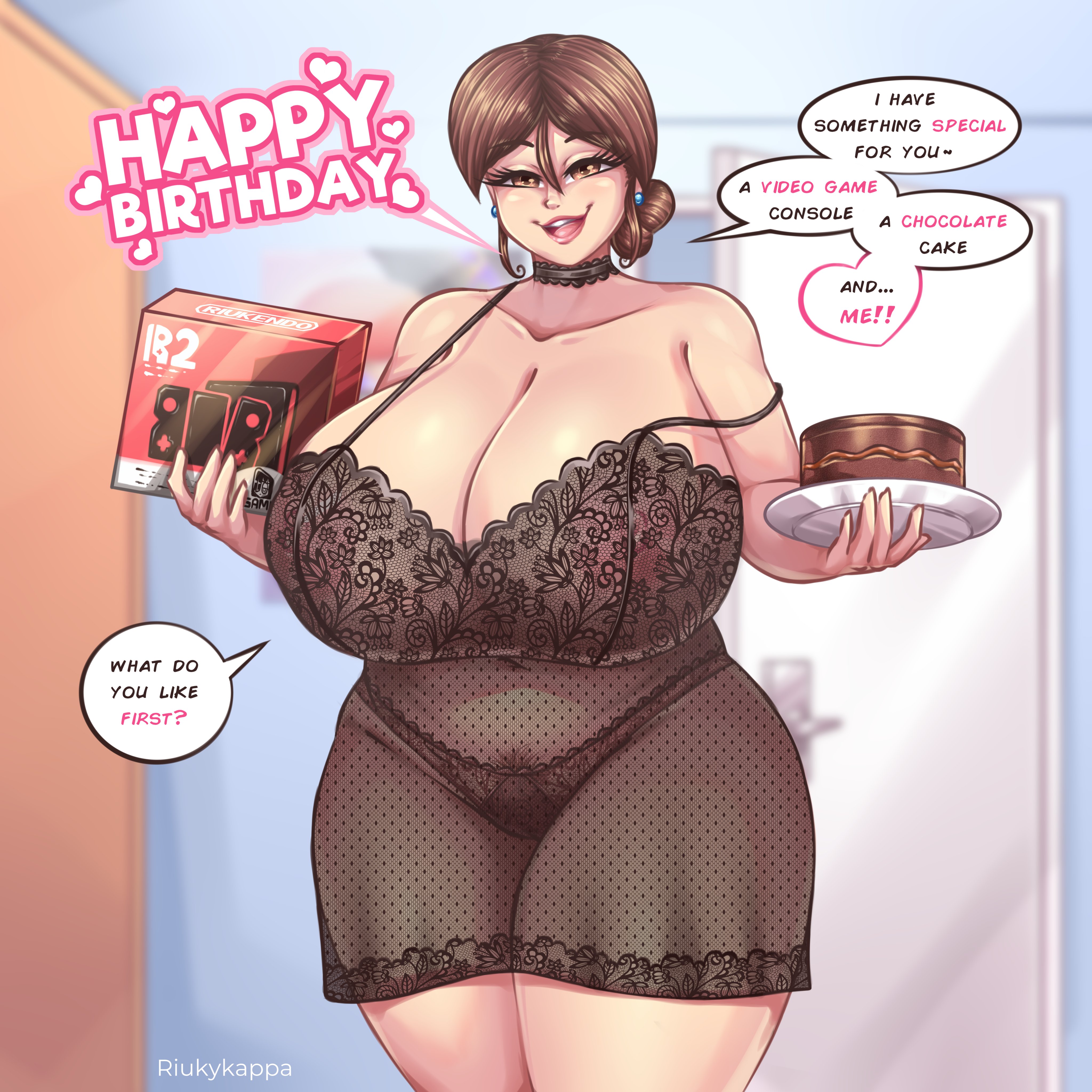 1girls, areolae, areolae visible through clothing, big breasts, black panties, bottomwear, breasts, brown eyes, brown hair, cake, chocolate cake, chocolate cake gameboy and me, console, covered navel, ear piercing, earrings, english, english text, female, female only, food, hair, headwear, heart, holding plate, huge breasts, incest, lace, lace trim, lace-trimmed panties, large breasts, lingerie, long hair, looking at viewer, marian (riukykappa), mature, mature female, mature woman, meme, milf, mother, mother and son, neckwear, nightgown, nintendo switch 2, original, original character, panties, plate, pov, pubes, pubic hair, pubic hair peek, riukykappa, solo, solo female, speech bubble, spoken heart, switch console, text, video game console, voluptuous female