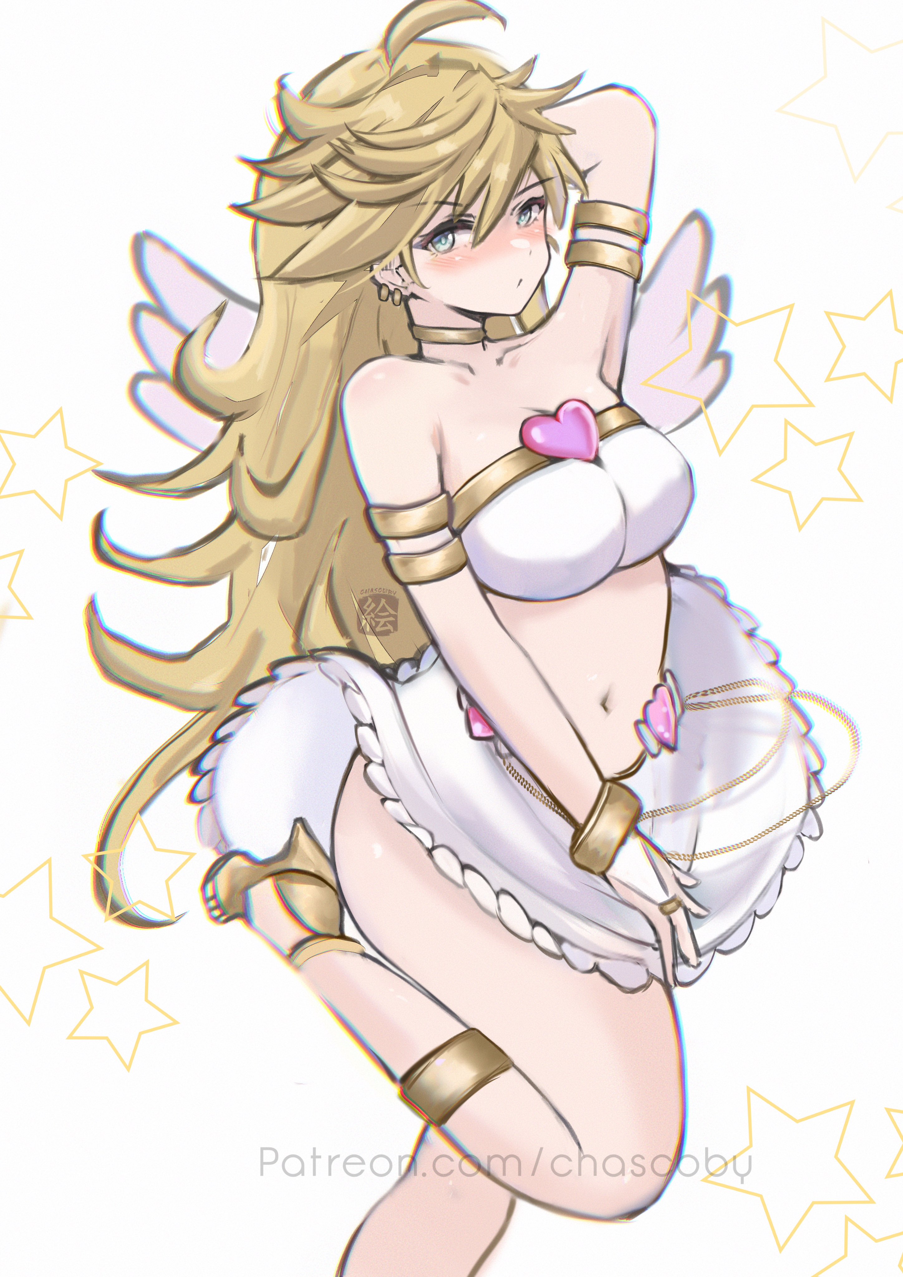 1girls, angel, angel wings, artist name, blonde hair, blue eyes, chascoby, female, heart, high heels, light skin, light-skinned female, midriff, panty & stocking with garterbelt, panty anarchy, skirt, thick thighs