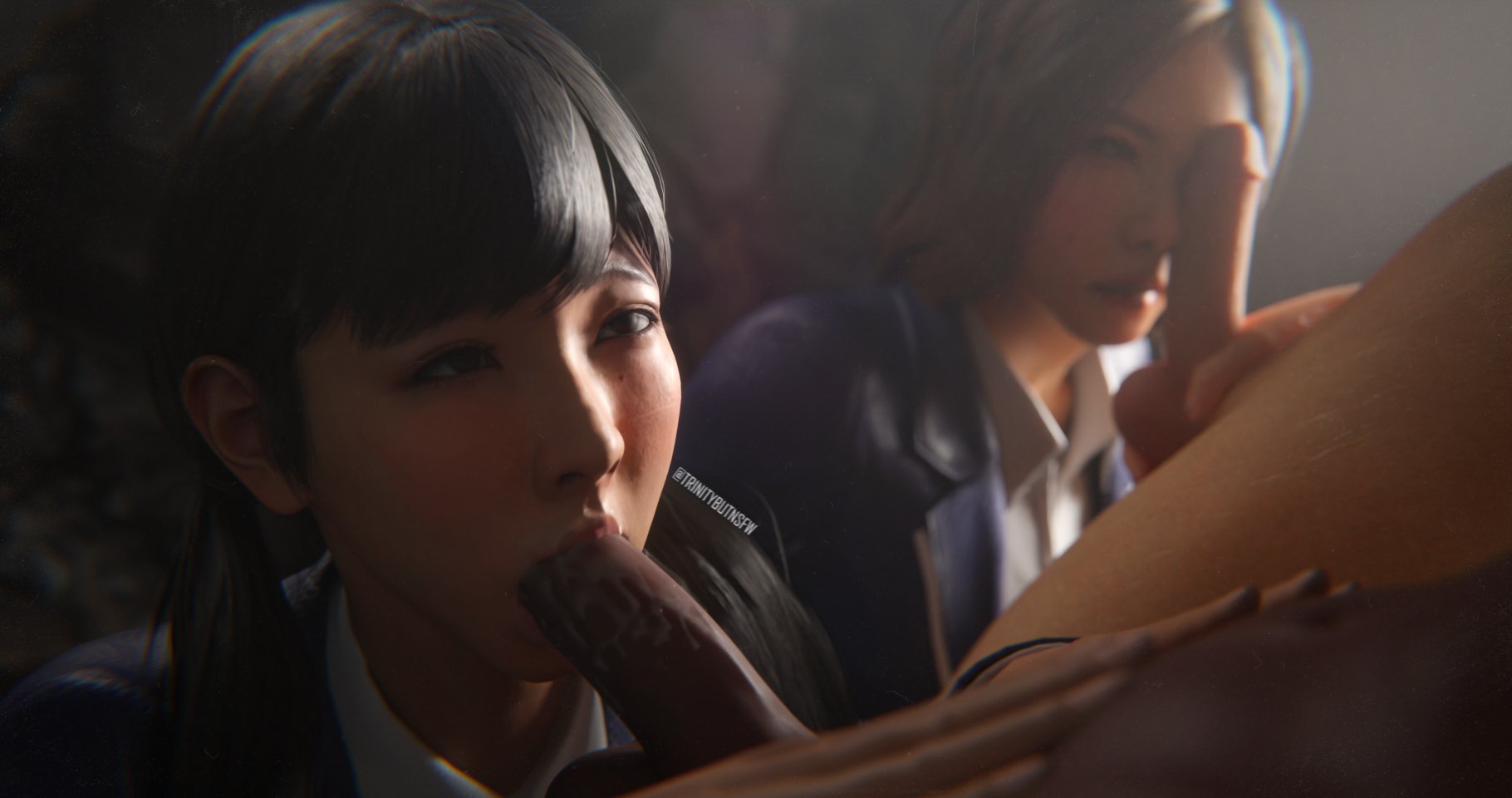 2boys, 2girls, 3d, akane (lost judgment), asian, asian female, black hair, blowjob, bun, dark skin, dark-skinned male, double bun, fellatio, female, hair bun, interracial, judge eyes, koda mami, light-skinned female, light-skinned male, like a dragon (series), lost judgment, male, oral, penis, penis on face, rgg studio, ryuu ga gotoku, trinitynsfw, yakuza (series)