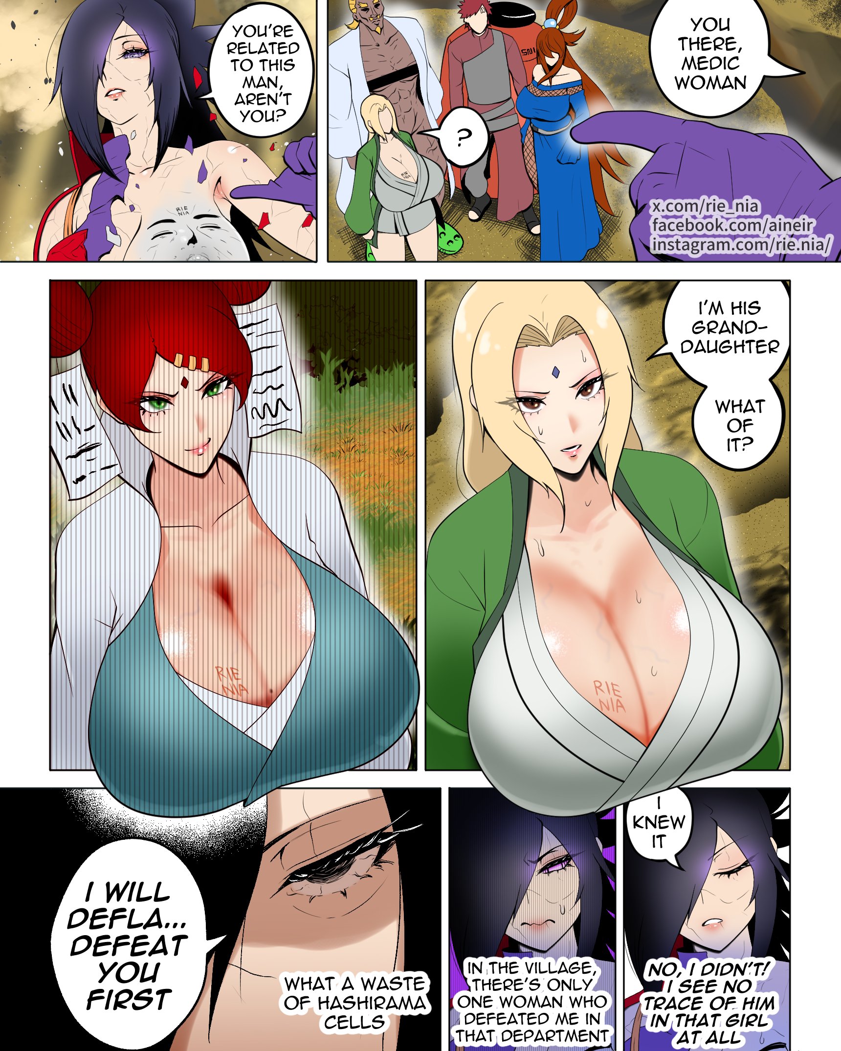 2boys, 4girls, big breasts, black hair, blonde hair, breasts, brown hair, cleavage, comic, dark skin, dark-skinned male, english text, female, gaara, green eyes, hair over one eye, huge breasts, kmvt69, large breasts, long hair, male, mei terumi, multiple boys, multiple girls, naruto, naruto (series), naruto shippuden, raikage, red hair, rie nia, rule 63, senju hashirama, text, tsunade, uchiha madara, uzumaki mito