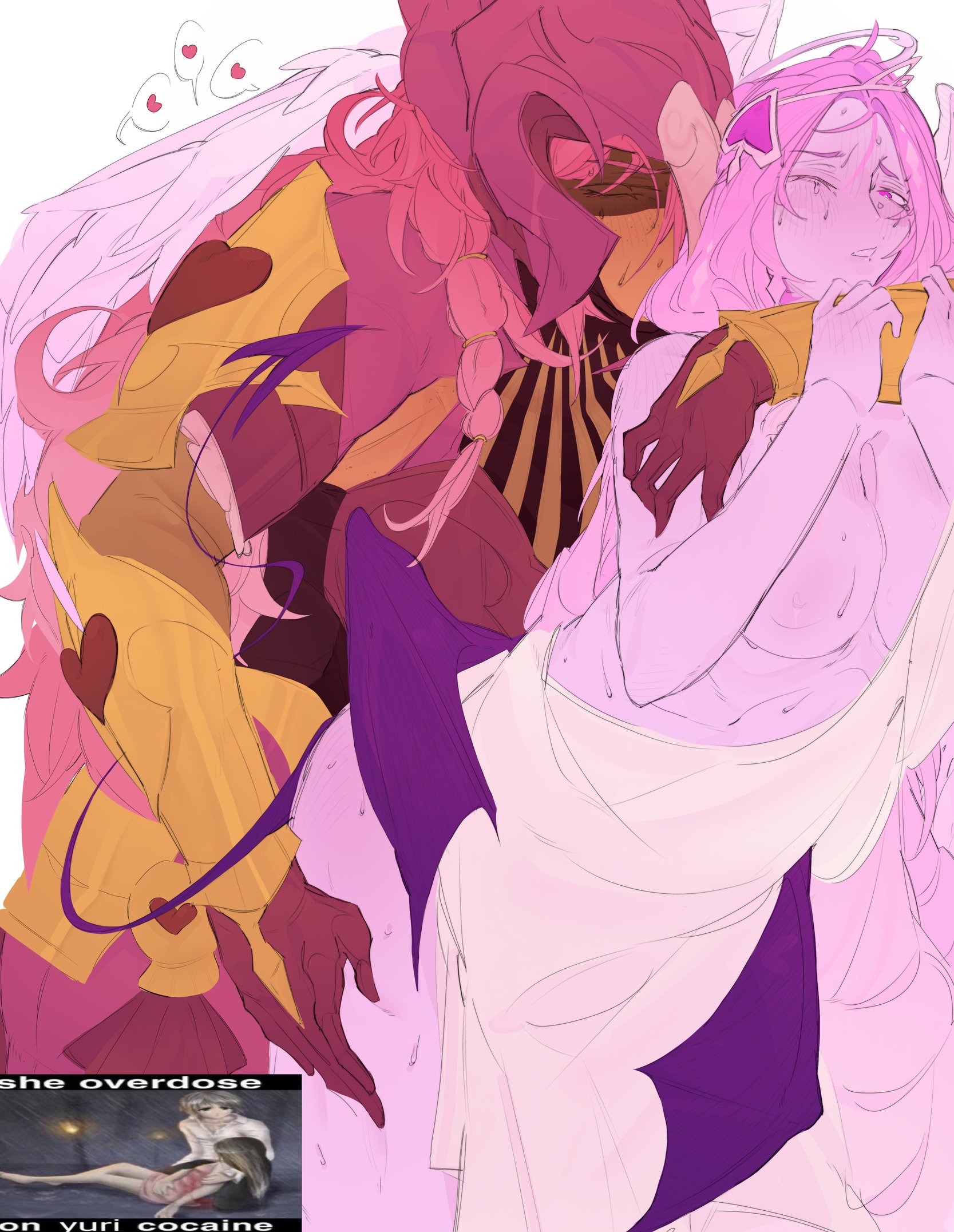 armor, armored female, awakened hollyberry cookie, backshots, blackrunel, blush, breasts, cookie run, dominant female, dress, eternal sugar cookie, female, fucked from behind, futanari, helmet, high slit dress, hollyberry cookie, implied futa, implied penetration, implied sex, intersex, kissing, larger female, muscular, muscular female, shorter female, smaller female, submissive female, taller female, tear, tears, thighs, wings, yuri