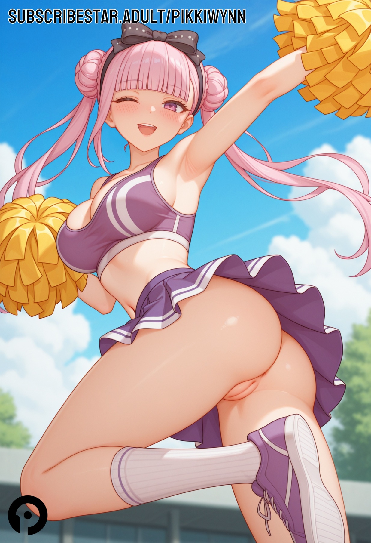 ;d, ai generated, arm up, armpits, ass, bangs, bare arms, bare shoulders, black bow, black hairband, blue sky, blunt bangs, blush, bow, bow hairband, breasts, cheerleader, cleavage, cleft of venus, clothes writing, cloud, crop top, day, double bun, female, female only, from behind, from below, hair bun, hairband, hairbow, holding, holding pom poms, kneehighs, large breasts, long hair, looking at viewer, midriff, miniskirt, navel, no panties, one eye closed, open mouth, outdoors, outstretched arm, pikkiwynn, pink eyes, pink hair, pleated skirt, pom pom (cheerleading), purple footwear, purple skirt, pussy, shoes, skirt, sky, smile, sneakers, socks, solo, standing, standing on one leg, teeth, the hundred line -last defense academy-, thighs, tsukumo kako, twintails, uncensored, white socks