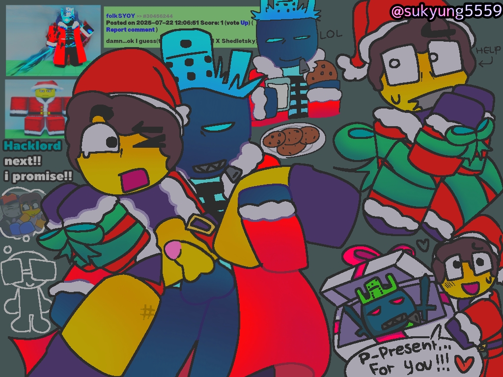 1x1x1x1, 1x1x1x1 (forsaken), alternate costume, artist name, belt, belt buckle, black shoes, bottomless, bottomless male, brown hair, chat bubble, christmas, christmas outfit, cookie, cyan eyes, english text, forsaken (roblox), gay, gay sex, gift box, gift wrapped, green ribbons, hands tied, heart, heart symbol, jack frost 1x1x1x1, leg up, male, milk, nervous smile, official alternate costume, open mouth, plate, request, requested, ribbon bondage, ribbons, roblox, roblox game, robloxian, rule 34 comment, santa costume, santa hat, santa shedletsky, self upload, shedletsky, shedletsky (forsaken), shoes, shy, square crossover, stuttering, sukyung5559, sweating, taped mouth, tears, watermark, yellow skin