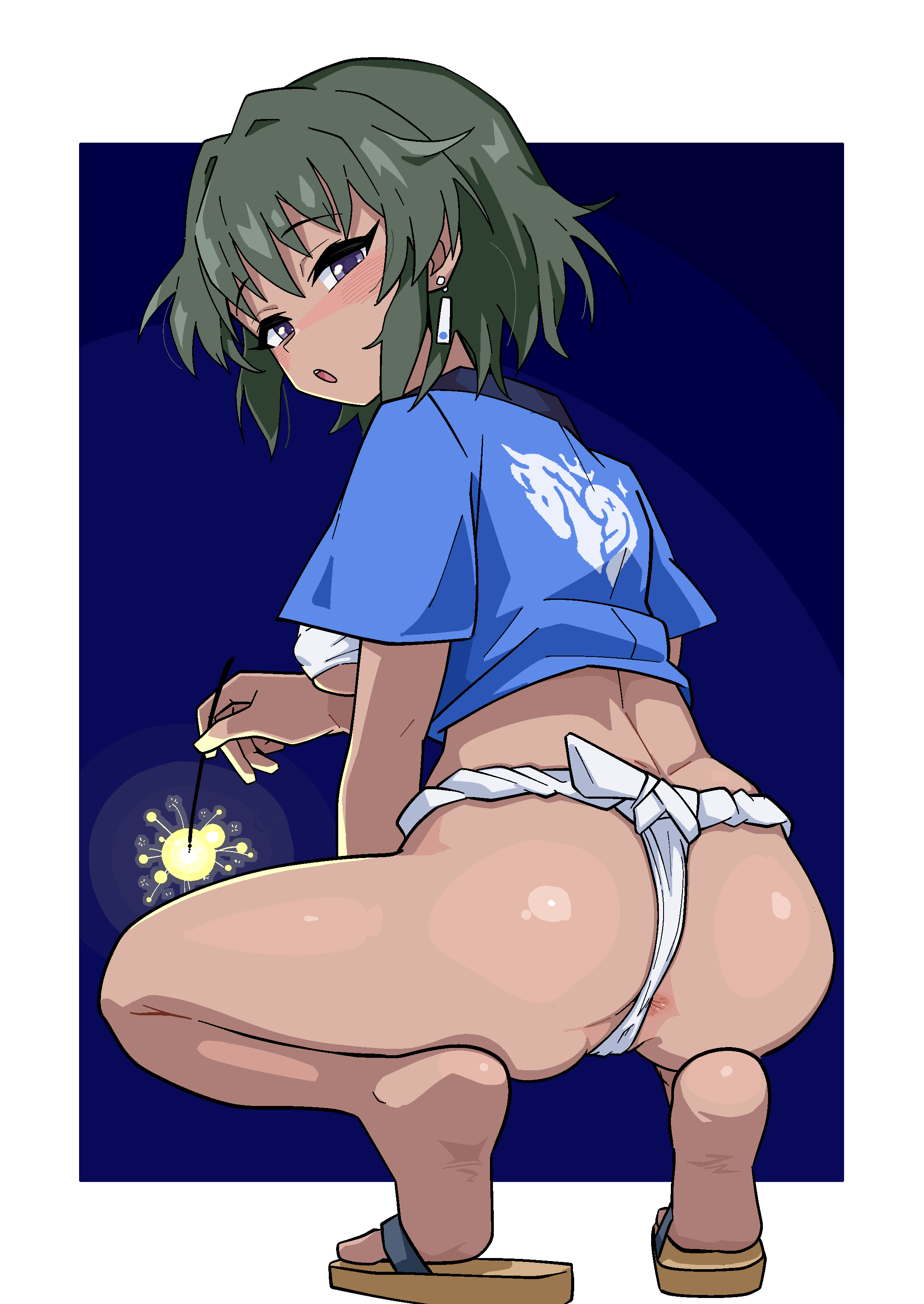 1girls, absurdres, anus, anus peek, ass, blush, breasts, cameltoe, commentary request, dark skin, dark-skinned female, female, female only, fireworks, fundoshi, highres, idolmaster, idolmaster cinderella girls, japanese clothes, looking at viewer, medium breasts, natalia (idolmaster), no pants, ohgi910, short hair, soles with toes unseen, solo, sparkler, squatting