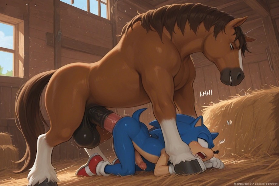 ai generated, all fours, anal, anal sex, barn, elliota1991, feral on anthro, feral penetrating anthro, gay, gay anal, gay male, gay sex, hay, horse, horse penis, horsecock, interspecies, mobians.ai, sega, size difference, sonic (series), sonic the hedgehog, sonic the hedgehog (series), yaoi, zoophilia