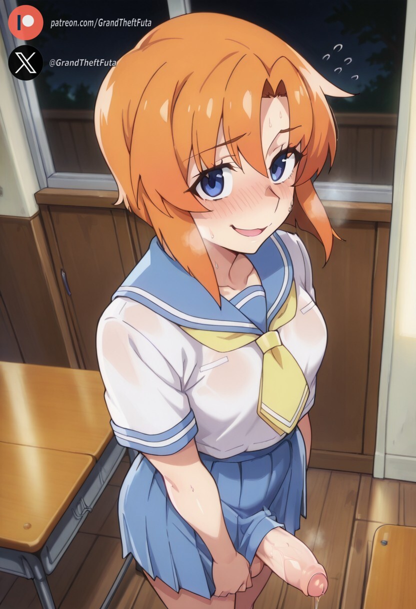 1futa, ai generated, balls, big penis, blue eyes, blush, clothing, cock, dickgirl, futa only, futanari, high-angle view, higurashi no naku koro ni, huge cock, indoors, intersex, light skin, light-skinned futa, looking at viewer, orange hair, penis, precum, roxygtf, ryuuguu rena, school uniform, short hair, solo, standing, sweat, sweating, sweaty body