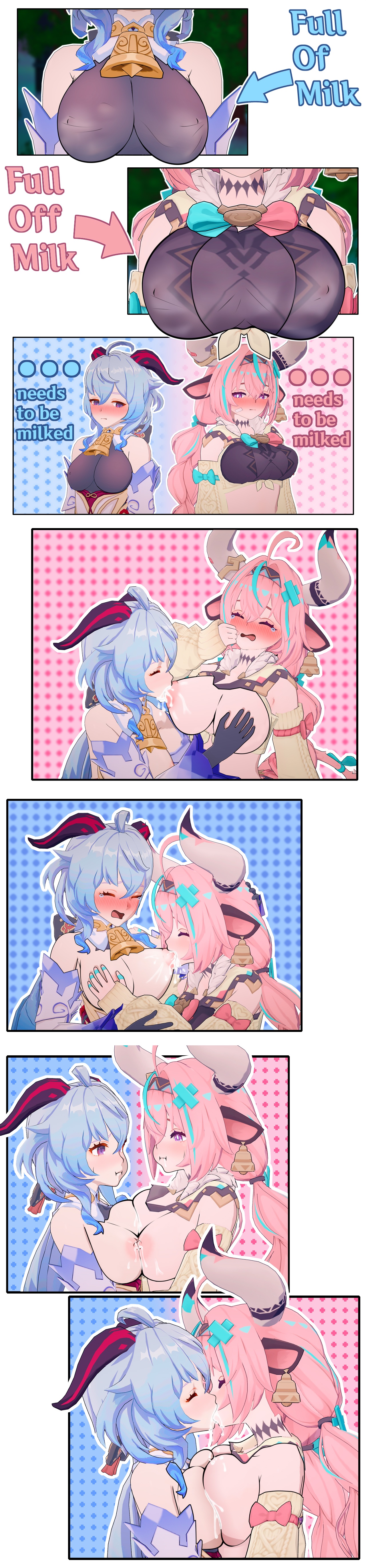 2girls, big breasts, breast sucking, breasts, duo, english text, female, female only, ganyu (genshin impact), genshin impact, huge breasts, kissing, light-skinned female, liyue girls, lluanhyperzero, milking breasts, natlan girls, varesa (genshin impact), yuri