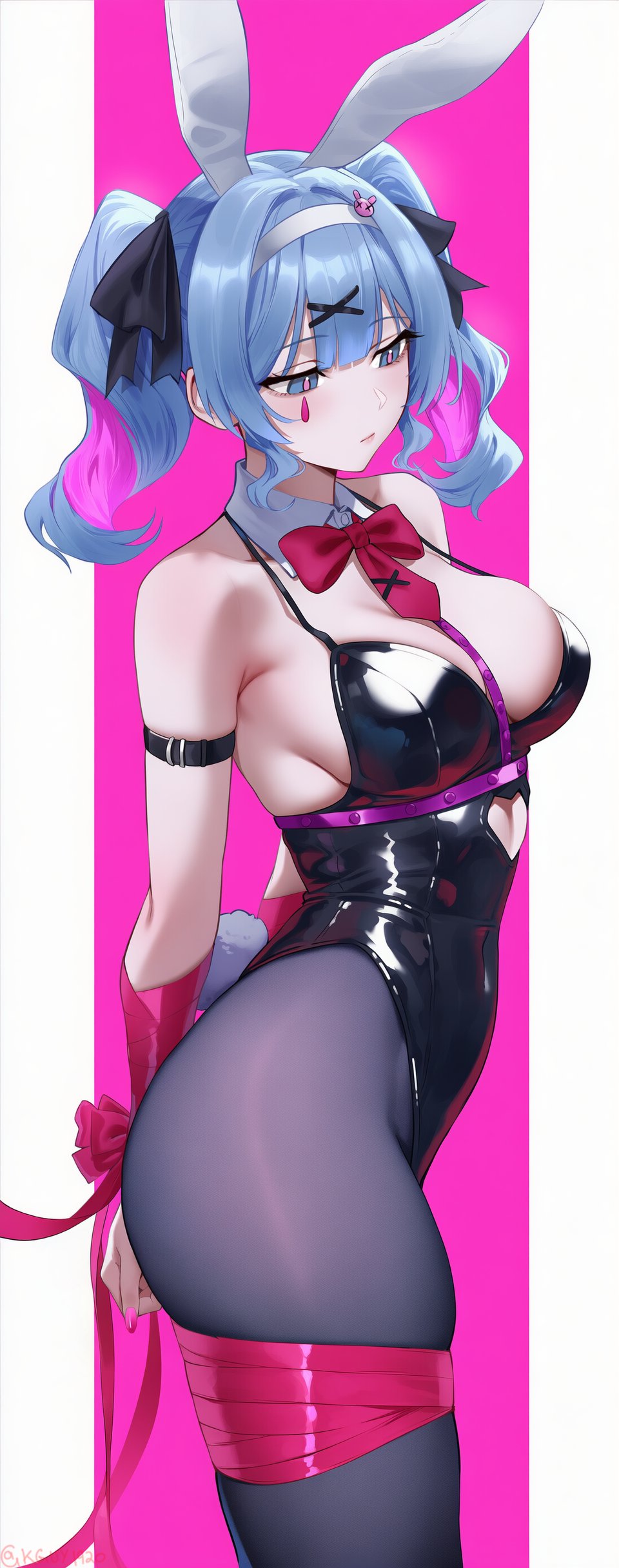 big breasts, blue hair, boobs, bowtie, breasts, bunny ears, bunny girl, bunnysuit, female, female only, hatsune miku, kguy1920, legwear, melancholic, pale skin, pale-skinned female, pink hair, pole, rabbit hole (vocaloid), ribbon bondage, serious, tie