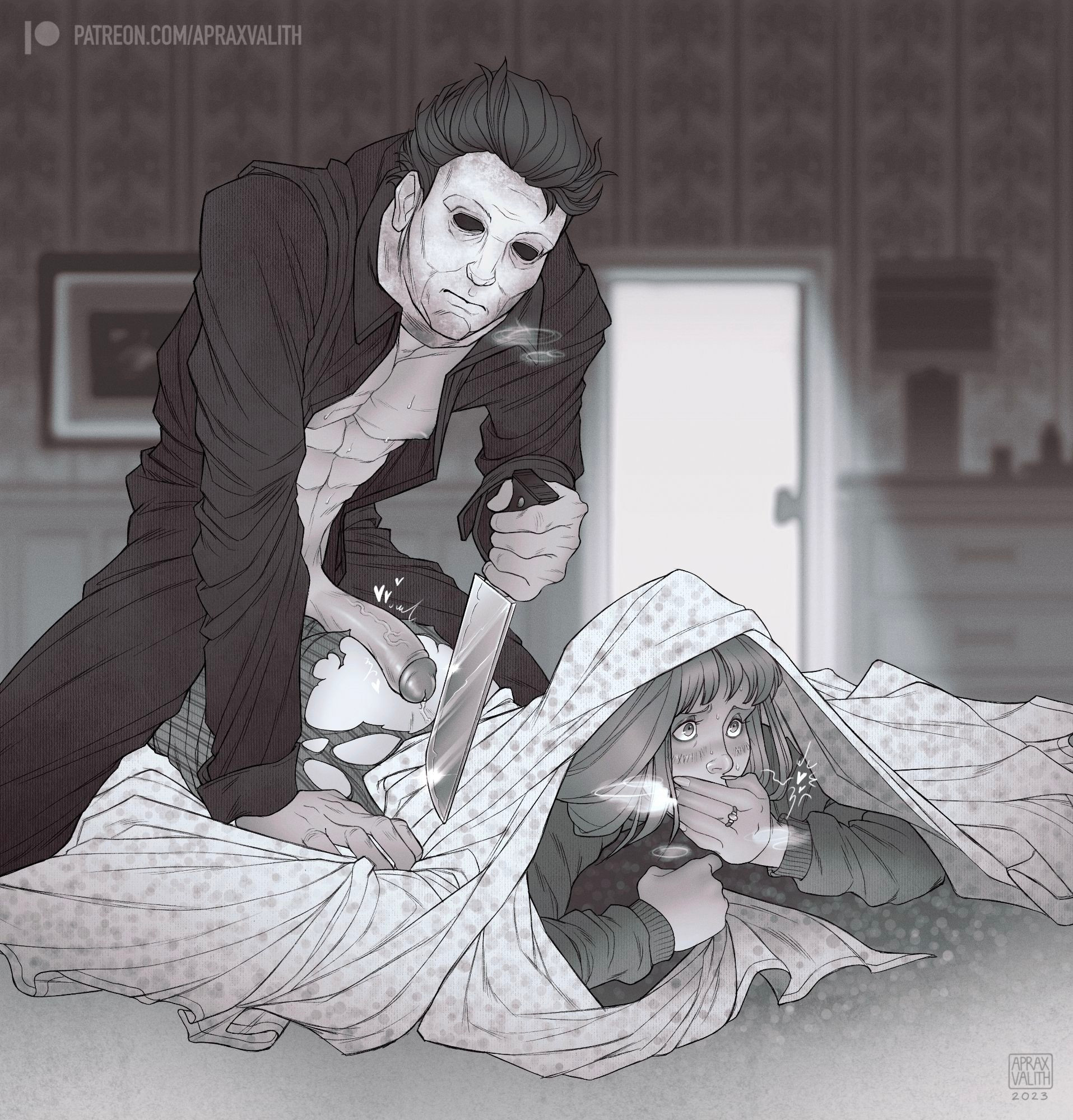 1boy, 1girls, 2d, aprax valith, ass, big ass, big penis, black and white, bubble ass, cock, dead by daylight, dick on ass, digital media, doggy style, doggy style position, dominant, dominant male, domination, fat ass, female, femsub, grinding, halloween, halloween (series), hand over mouth, hiding, horror, horror (theme), huge cock, imminent penetration, imminent rape, imminent sex, killer, male, male and female focus, maledom, michael myers, nightmare husbando, original character, penis, penis on ass, precum, precum drip, precum string, prone bone, ripped clothing, ripped pants, serial killer, shredded clothes, slasher, straight, submission, submissive female, thick ass, thick legs, wide thighs