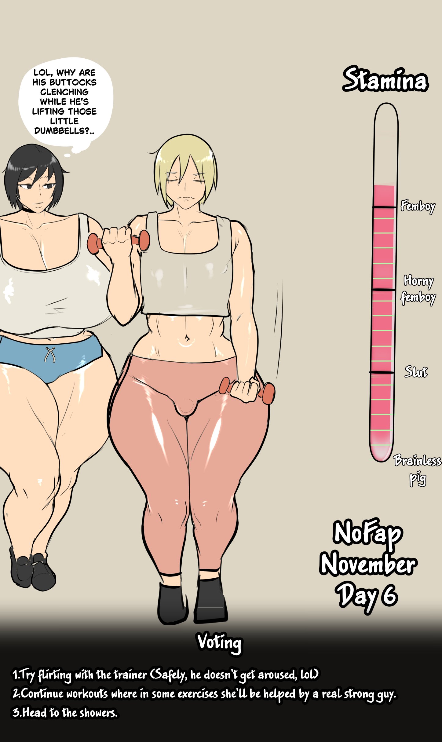 1boy, 1girls, 2d, 2d (artwork), black hair, blonde hair, blonde male, blonde-haired male, blue eyes, breasts, bulge, choose your own adventure, english, english text, female, femboy, femboy only, feminization, huge breasts, male, no nut november, nude, penis, small penis, soks (artist), tagme, text, thick thighs, thought bubble, vote, weightlifting, working out