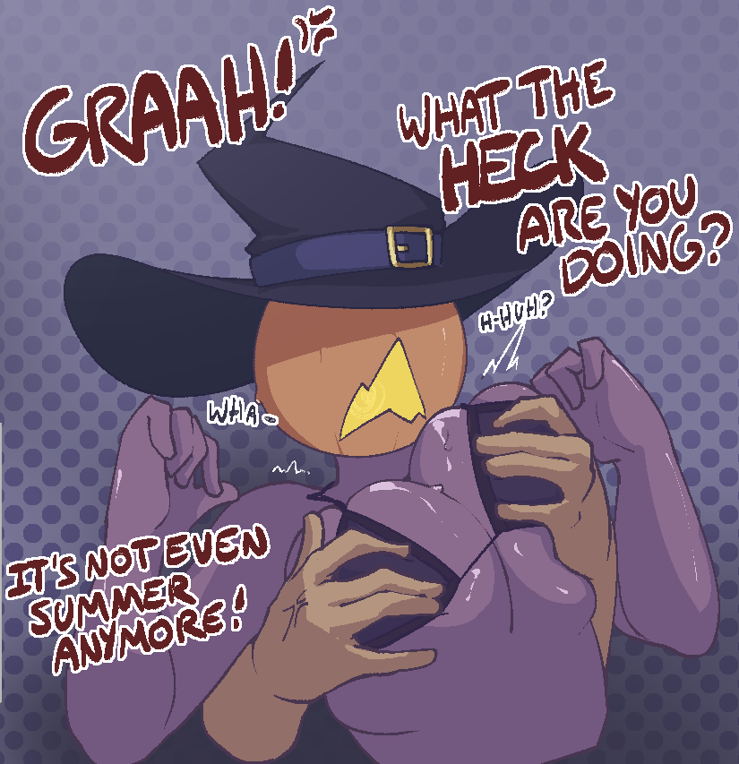 angry male, big breasts, breasts, caught off guard, groping, groping breasts, male, non-consensual, pumpkin head, purple body, purple skin, riosthename, surprised, voila (riosthename), witch hat, yellow mouth
