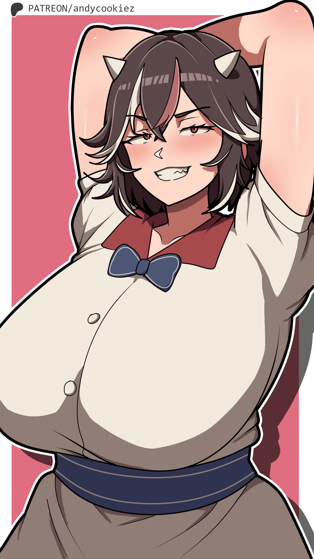 1girls, andycookiez, animated, arms behind head, arms up, black hair, blush, bouncing breasts, breasts, cone horns, dress, fangs, female, female only, grey horns, hair between eyes, highres, horns, huge breasts, kijin seija, large breasts, looking at viewer, multicolored hair, puffy sleeves, red background, red eyes, red hair, ribbon, seija kijin, shaking breasts, shirt, short hair, short sleeves, skirt, small horns, smile, solo, streaked hair, swinging breasts, touhou, white dress