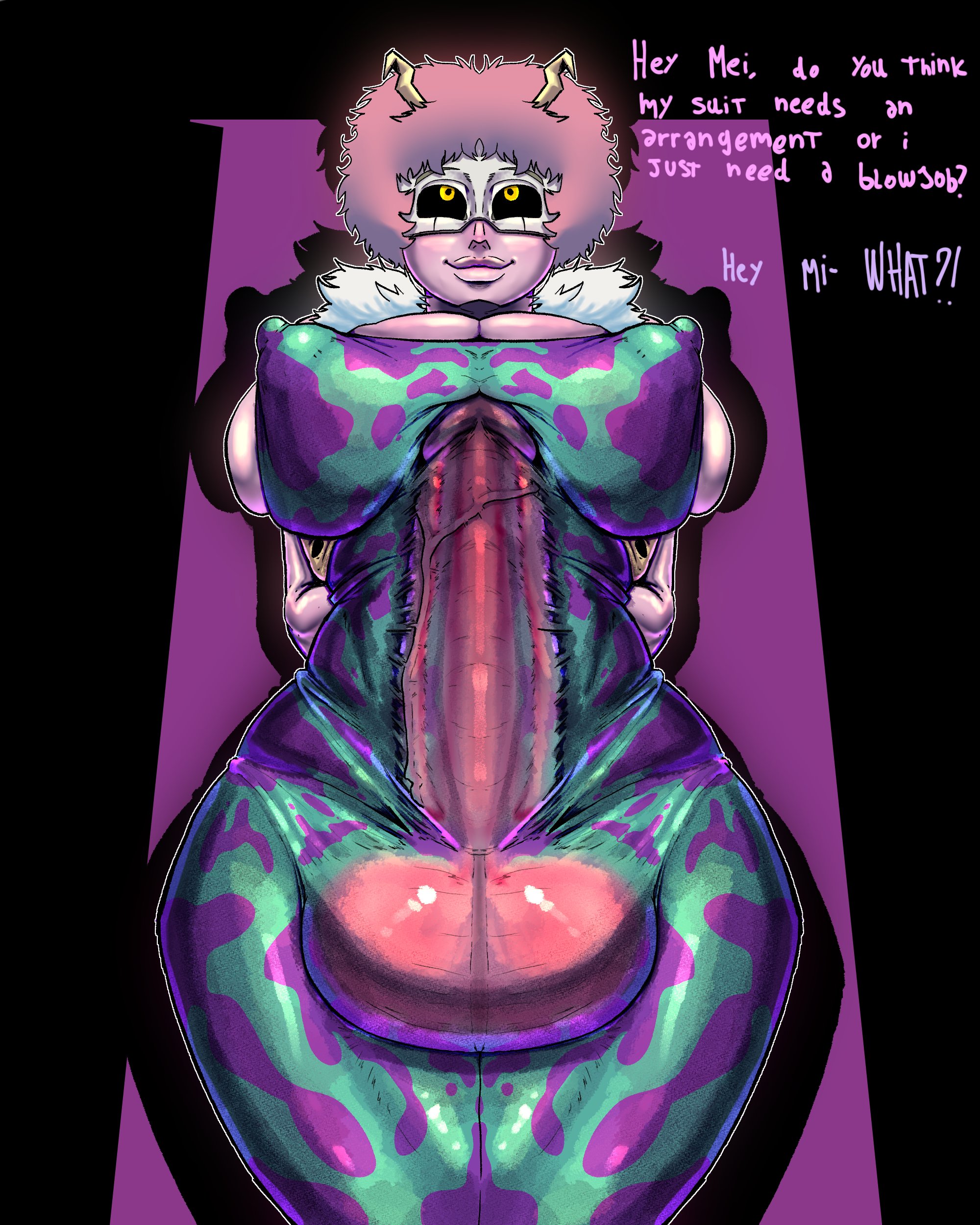 1futa, 2023, areolae, balls, big areola, big balls, big breasts, big nipples, big penis, breasts, cleavage, dialogue, futa only, futanari, hero outfit (mha), heroine, huge balls, huge breasts, huge cock, imminent sex, intersex, libi dos, libinick, mei hatsume, mina ashido, my hero academia, nipple bulge, nipples visible through clothing, penis, pink hair, pink skin, teenager, text, tight clothing, veiny penis, yellow eyes male