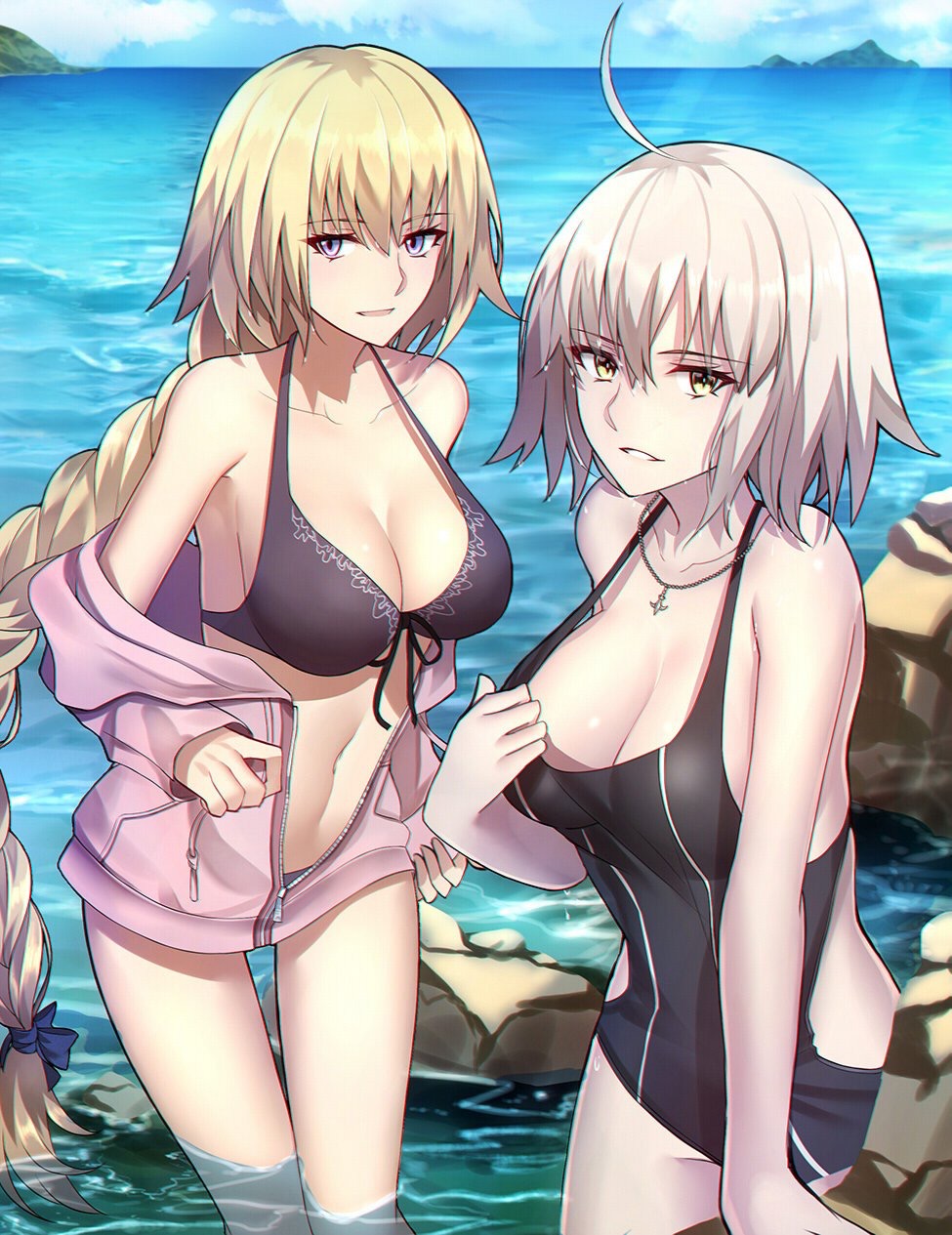 2girls blonde_hair fate/grand_order fate_(series) female jeanne_alter jeanne_d'arc_(fate) jeanne_d'arc_(swimsuit_archer) kousaki_rui looking_at_viewer short_hair swimsuit tagme white_hair