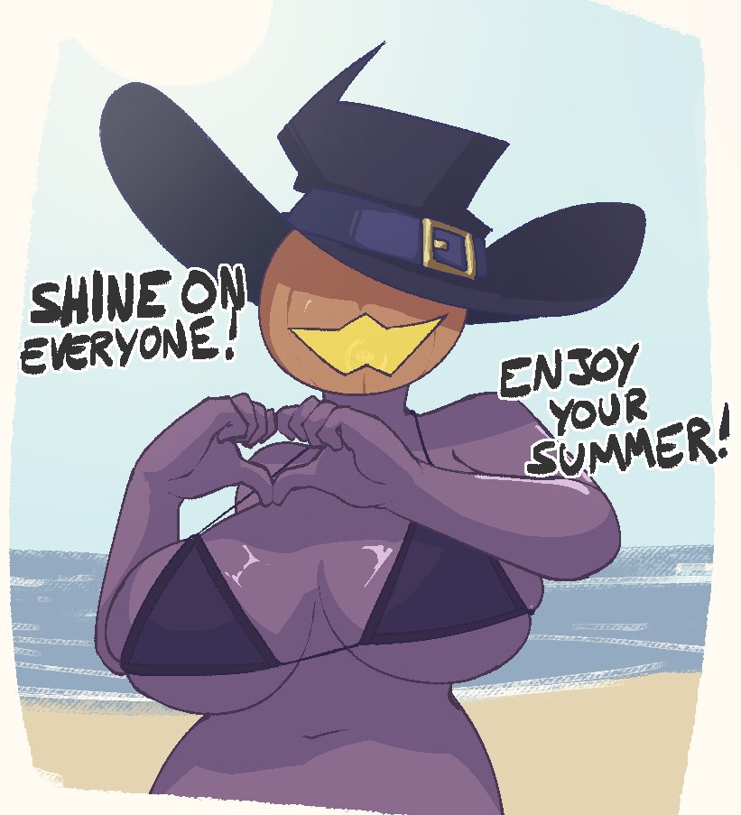 big breasts, bikini, bikini top, breasts, female, heart symbol, pumpkin head, purple skin, riosthename, voila (riosthename), witch hat, yellow mouth