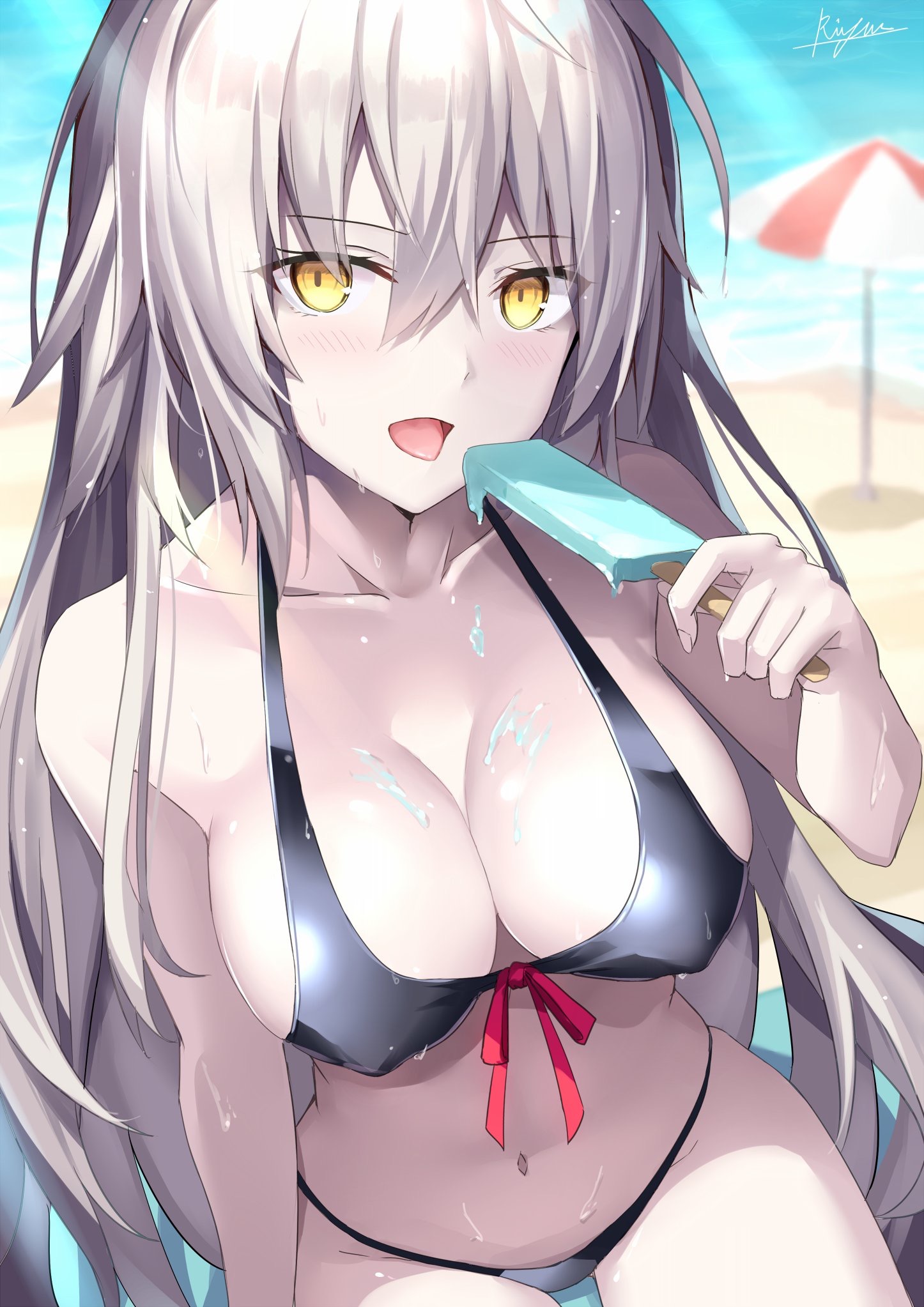 breasts, eating, fate (series), fate/grand order, female, female only, food on breasts, jeanne alter, large breasts, looking at viewer, pointy chin, popsicle, popsicle melting, rin7914 (artist), short hair, suggestive, swimsuit, thin eyebrows, type-moon, white hair