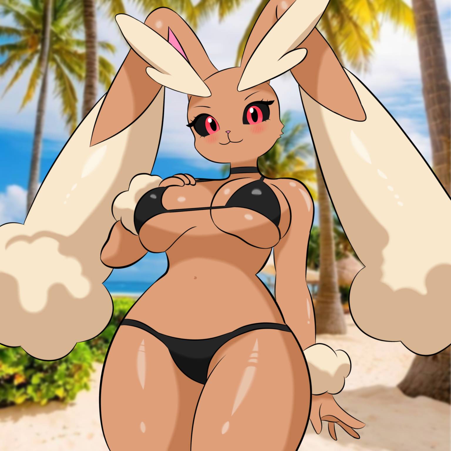 1:1, 2025, anthro, big breasts, bikini, black bikini, black clothing, black sclera, black swimwear, blush, breasts, brown body, cleavage, clothed, clothing, digital media (artwork), evaacii, female, generation 4 pokemon, hi res, lagomorph, looking at viewer, lopunny, mammal, nintendo, pokemon, pokemon (species), pokemorph, red eyes, smile, solo, swimwear, thick thighs, triangle bikini, two-piece swimsuit, under boob, wide hips