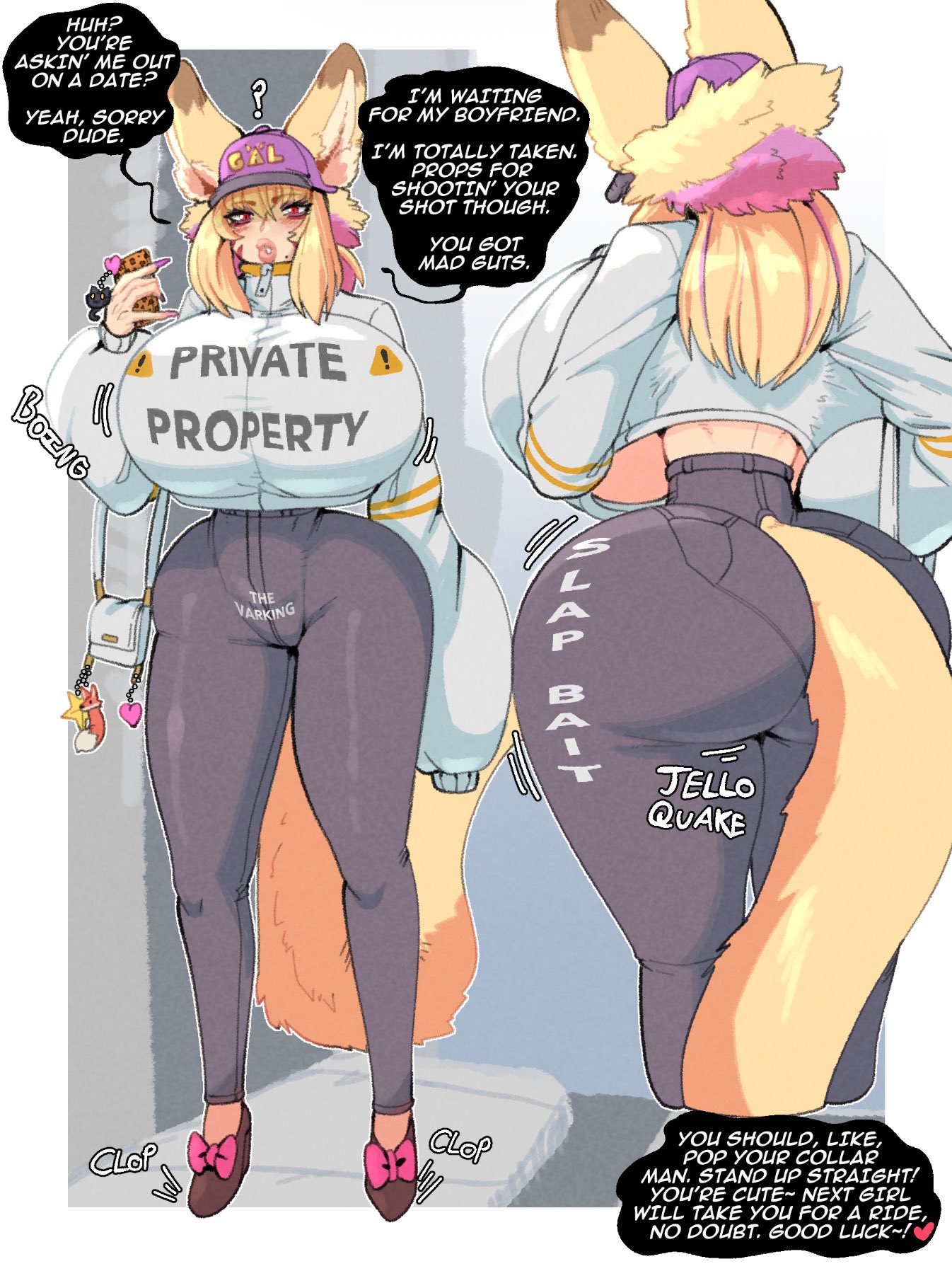 ?, 1girls, animal ears, anti-cuck, ass, baseball cap, big ass, big breasts, bimbo, bimbo body, bimbo lips, blonde hair, blush, bouncing ass, breasts, clothes writing, crop top overhang, english text, felix faust, female, fox ears, fox girl, fox tail, high heels, high-waist pants, hourglass figure, hourglass figured female, huge ass, huge breasts, long fingernails, long sleeves, loyalty, medium hair, mole, mole under mouth, narrow waist, no bra, original, pants, pink hair, pink nails, ponytail, puckered lips, purse, red eyes, rejection, sleeves past wrists, slim waist, small waist, solo, surprisingly wholesome, tail, text, the varking, thick thighs, thin waist, tight pants, two-tone hair, underboob, whisker markings, wholesome