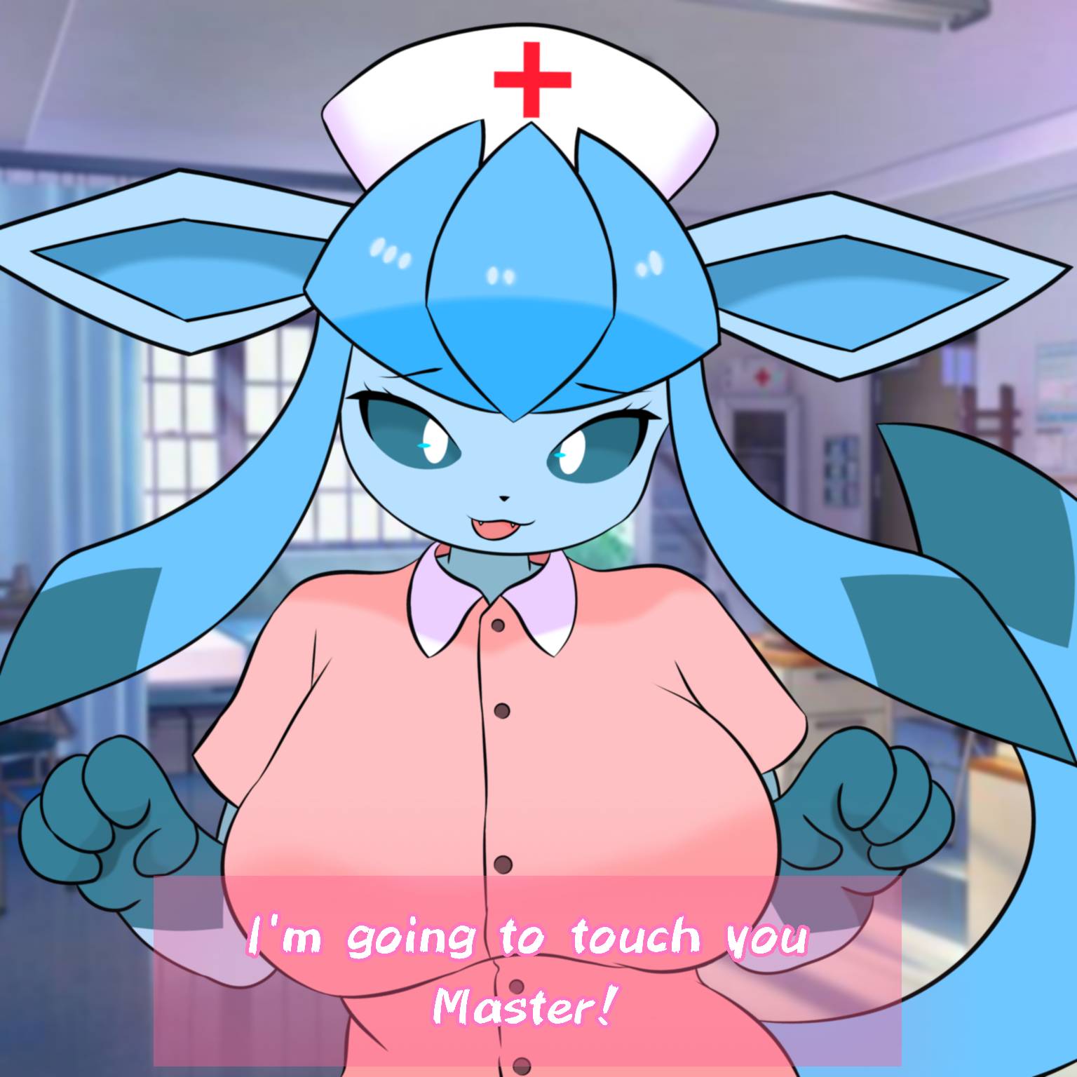 1:1, 2025, anthro, anthrofied, big breasts, blue body, blue sclera, breasts, clothed, clothing, dialogue, digital media (artwork), eeveelution, english text, evaacii, fangs, female, generation 4 pokemon, glaceon, hair, half-length portrait, hi res, looking at viewer, master, nintendo, nurse, nurse clothing, open mouth, photography (artwork), pokemon, pokemon (species), pokemorph, portrait, smile, solo, tail, teeth, text, white eyes