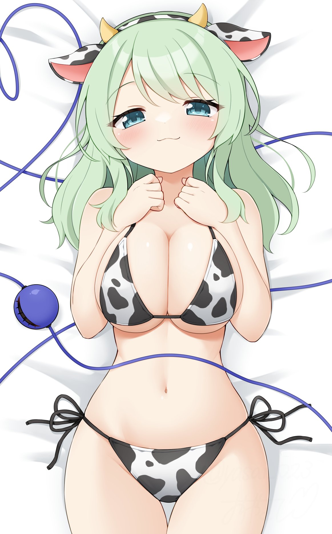 :3, arrogant, bikini, blush, cow ears, cow girl, cow horns, cow print, curvy, dakimakura design, female, from above, hands on chest, koishi komeiji, komeiji koishi, looking at viewer, lying on back, lying on bed, slender waist, small waist, smug, suwa yasai, thick thighs, third eye (touhou), touhou, voluptuous, wide hips