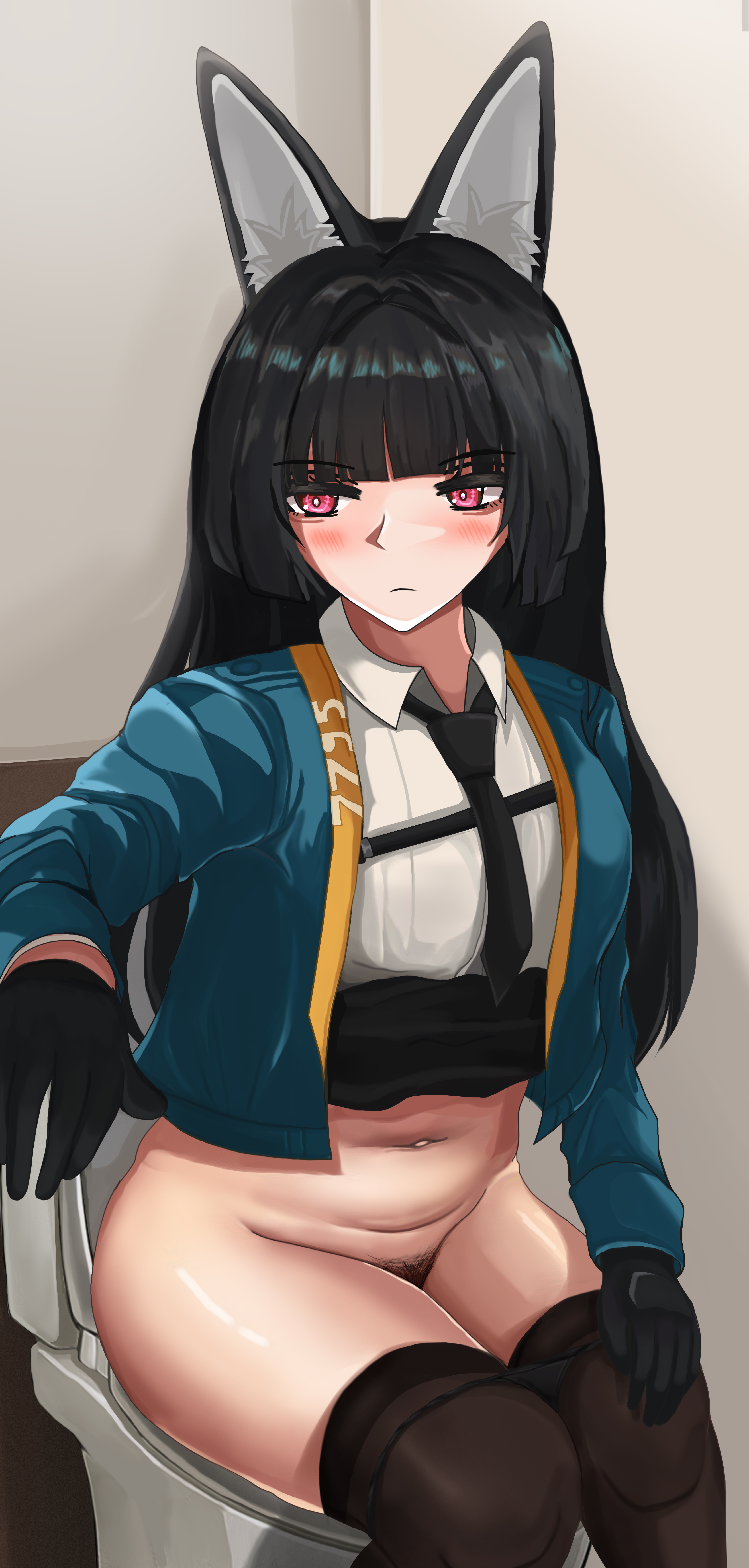 black hair, black panties, black tie, bottomless, bottomless female, cat ears, female, gloves, hamilton vgf, hoshimi miyabi, kemonomimi, panties down, pantyhose, peeing, pubic hair, pussy, scat, sitting on toilet, thighhighs, toilet, toilet stall, toilet use, white shirt, zenless zone zero