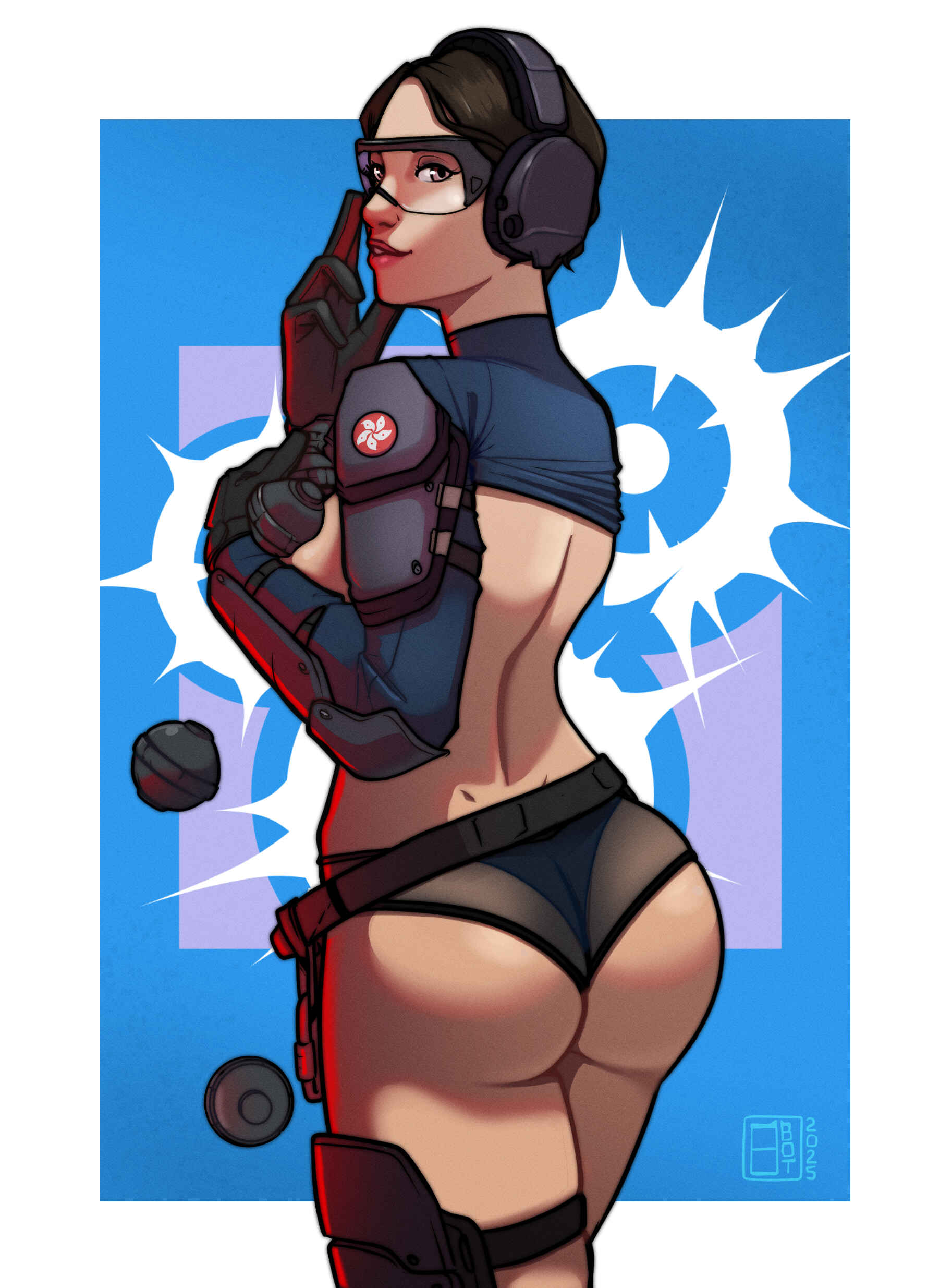 1girls, 8botfunpunch, ammo, asian, ass, behind view, black hair, breasts, brown hair, covering, covering breasts, female, female focus, female only, glasses, headphone, headphones, hong kong, light skin, light-skinned female, looking at viewer, looking back, military, military hat, military jacket, military uniform, panties, rainbow six, rainbow six siege, short hair, solo, solo female, solo focus, ying (rainbow six)
