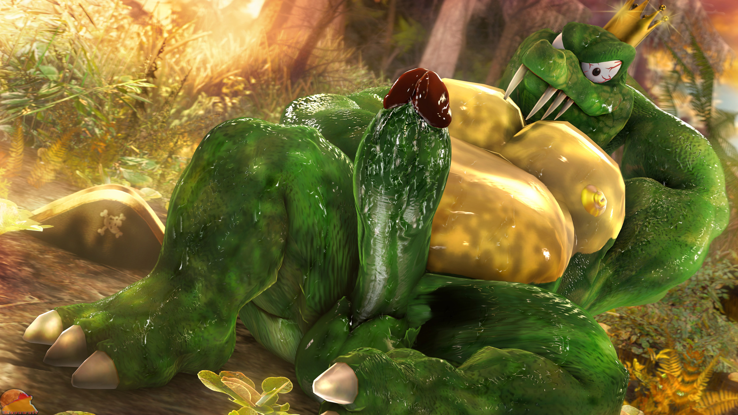 1boy, 3d, 3d (artwork), anthro, arm behind head, armpit, balls, ballsack, belly, big penis, crocodile, crocodilian, crown, donkey kong (series), erection, fat, fat belly, fat male, furry, furry male, furry only, genitals, green skin, huge cock, k rool, king, large penis, looking at viewer, lying on back, male, male only, mature, mature anthro, mature male, moonwulf, nintendo, obese, obese anthro, obese male, outdoors, overweight, overweight anthro, overweight male, penis, reptile, royalty, scalie, solo, solo focus, solo male, teeth, testicles, thick penis, yellow belly