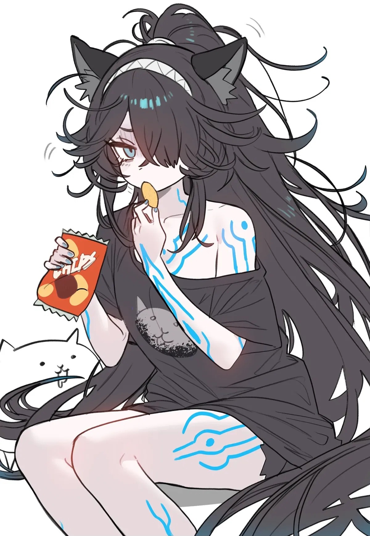 1girls, big breasts, black hair, breasts, cat ears, chips (food), crazed cat, drool, eating, ebora, feline, female, female only, half naked, kasli the bane, the battle cats, youngmanisdown
