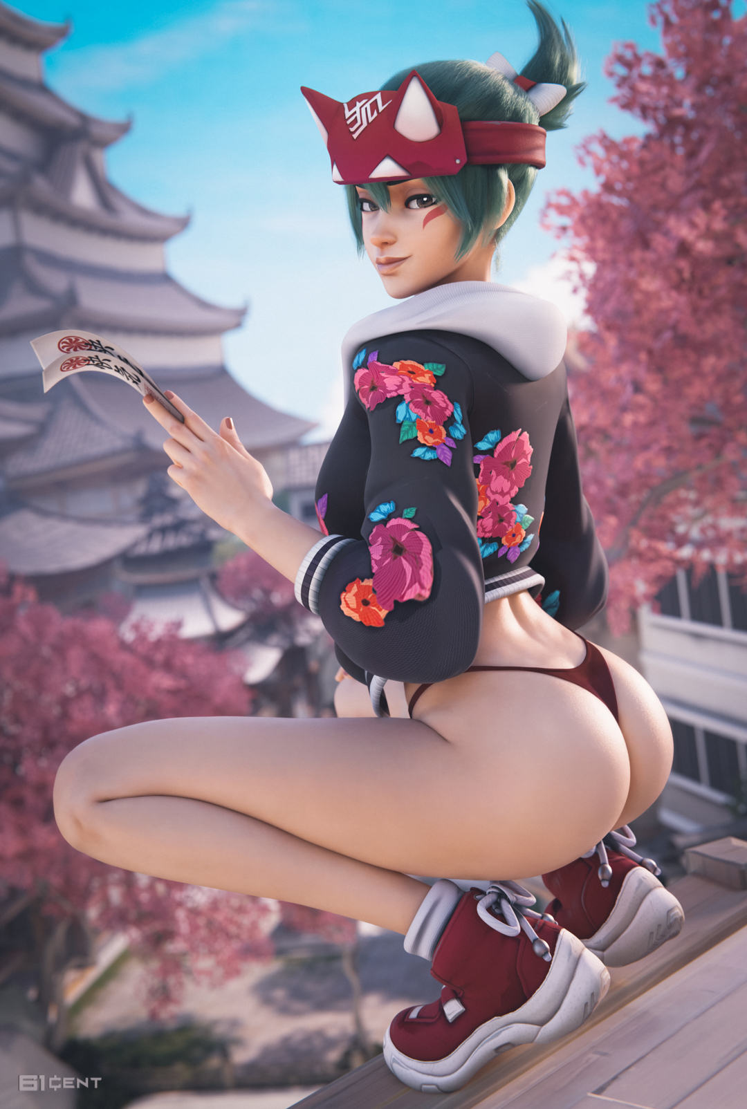 1girls, 2025, 3d, 61cent, architecture, ass, ass shot, athleisure kiriko, big ass, breasts, brown eyes, brown lipstick, brown nail polish, clothing, crop top, crop top hoodie, crouching, crouching female, east asian architecture, eyeliner, face paint, facial mark, female, female only, floral print, footwear, fox mask, g-string, green hair, half mask, headband, headband with horns, holding, holding paper, hood, in-game background, in-universe location, kiriko (overwatch), kiriko kamori, light makeup, lipstick, long hair, looking at viewer, looking back, mask, nail polish, ninja, ninja headband, no pants, ofuda, outdoors, overwatch, overwatch 2, painted nails, panties, pantsless, pantsless female, pantsu, paper, rear view, red footwear, red panties, shoes, smile, sneakers, solo, squatting, teal hair, thighs, thong, tied hair, topknot, underwear