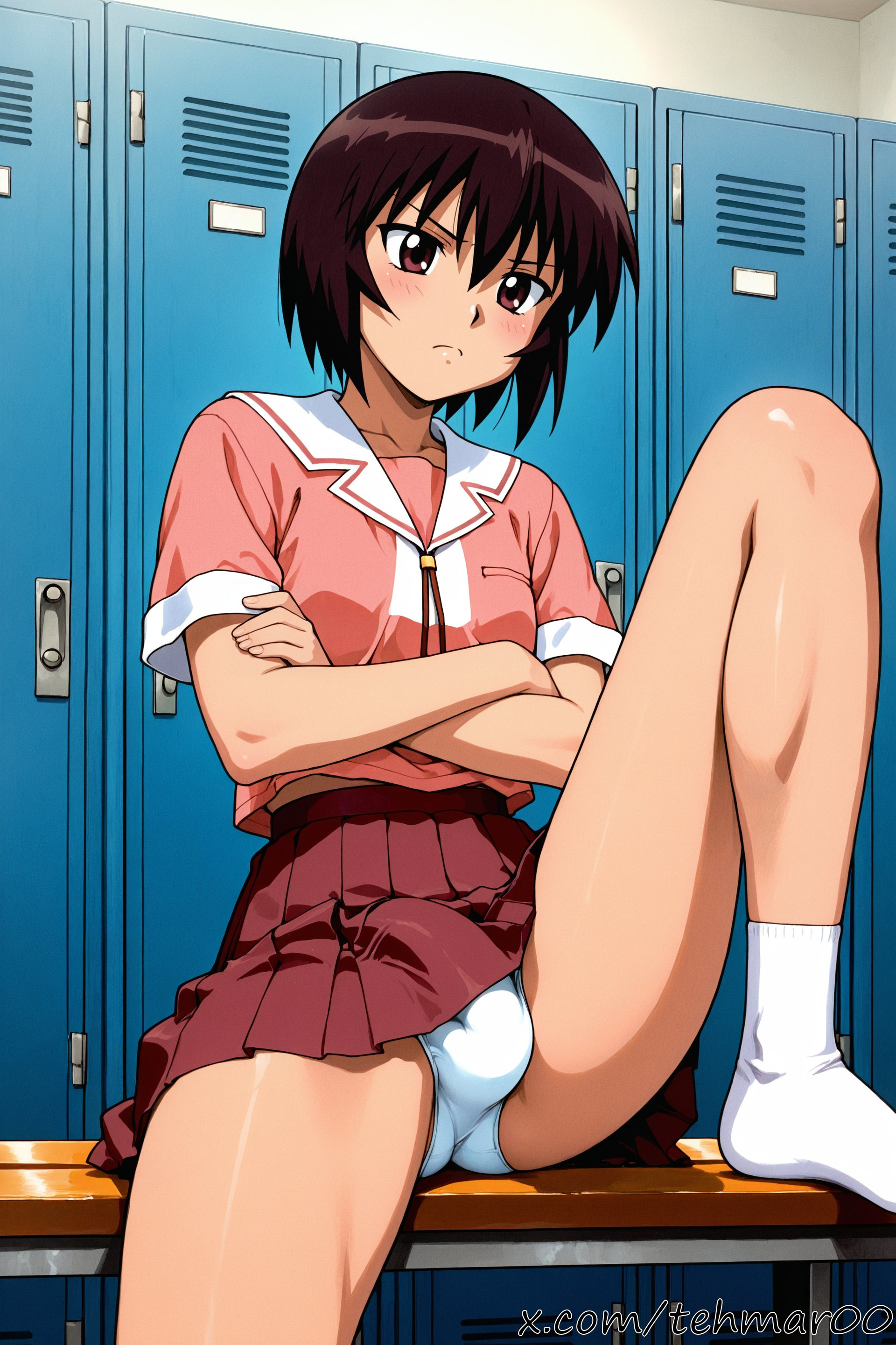 1boy, ai generated, azumanga daiou, bench, black hair, brown eyes, bulge, changing room, crossed arms, femboy, genderswap (ftm), kagura (azumanga daiou), leg lift, lockers, male, panties, penis, penis outline, rule 63, school uniform, sitting, skirt, socks, solo, tagme, tan, tan body, tehmar, trans woman, transfem, trap