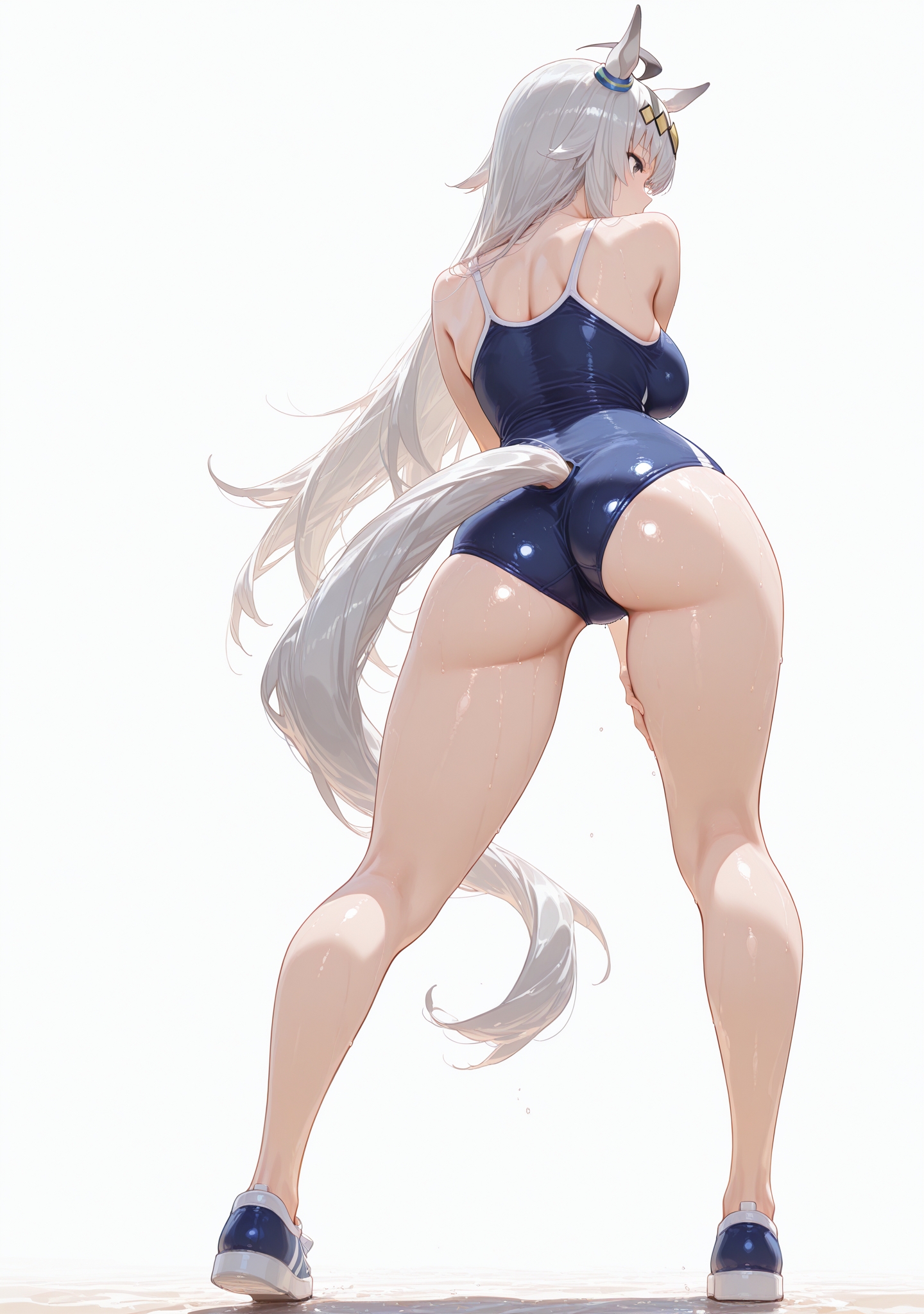 ahoge, ai generated, animal ears, ass, back view, big ass, blue eyes, female, full body, grey hair, hair ornament, horse girl, legs, long hair, oguri cap (umamusume), swimsuit, umamusume, umamusume pretty derby