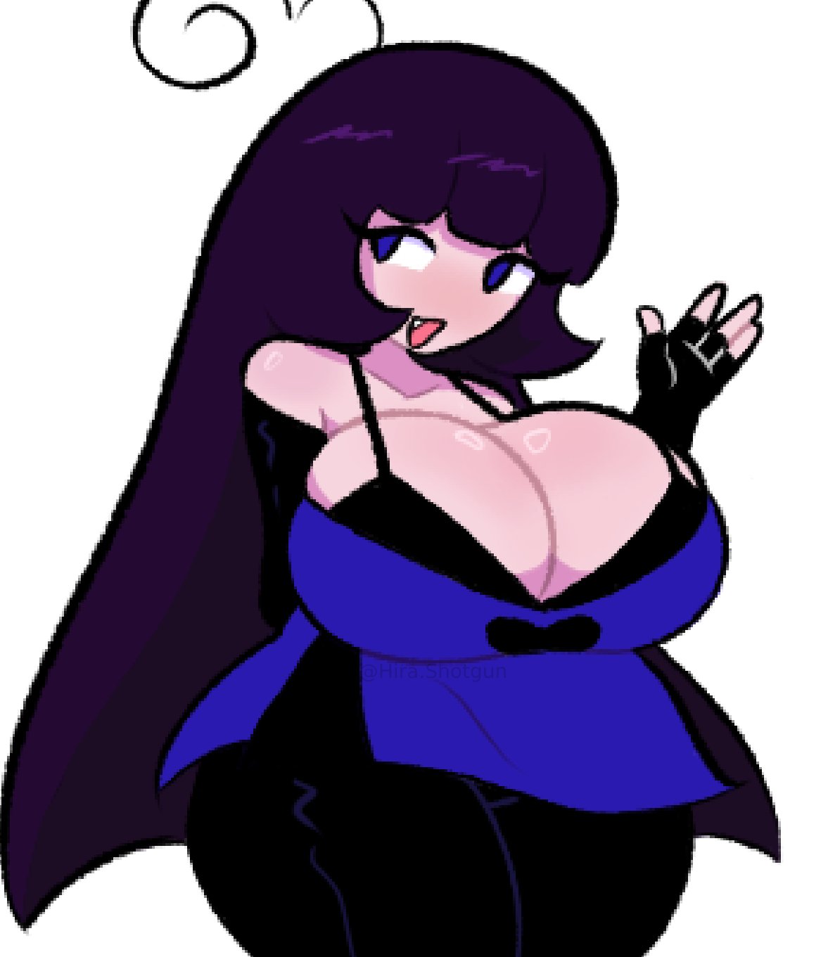 1female, 1girls, 2d, 2d (artwork), 2d artwork, big breasts, blue eyes, breasts, breasts bigger than head, busty, busty female, busty girl, cleavage, color, cute fang, digital drawing (artwork), digital media (artwork), fanart, female, female focus, female only, fingerless gloves, front view, gloves, hira.shotgun, huge breasts, jessica (rubylust), large breasts, light skin, light-skinned female, long hair, looking at viewer, mysticalgarnet, mysticalgarnet (character), open mouth, purple hair, shiny, shiny skin, simple background, solo, solo female, solo focus, thick, thick thighs, waving, waving at viewer, white background