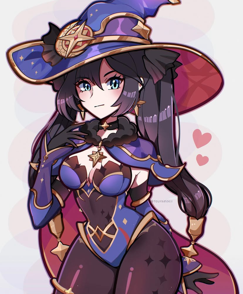 1girls, big breasts, black hair, blue eyes, blush, breasts, female, female only, flat chest, flat chested, fully clothed, genshin impact, hand on breast, hat, heart, heart symbol, light-skinned female, long hair, looking at another, looking at viewer, mage, mona (genshin impact), shiny clothes, small breasts, solo, thick thighs, touyarokii