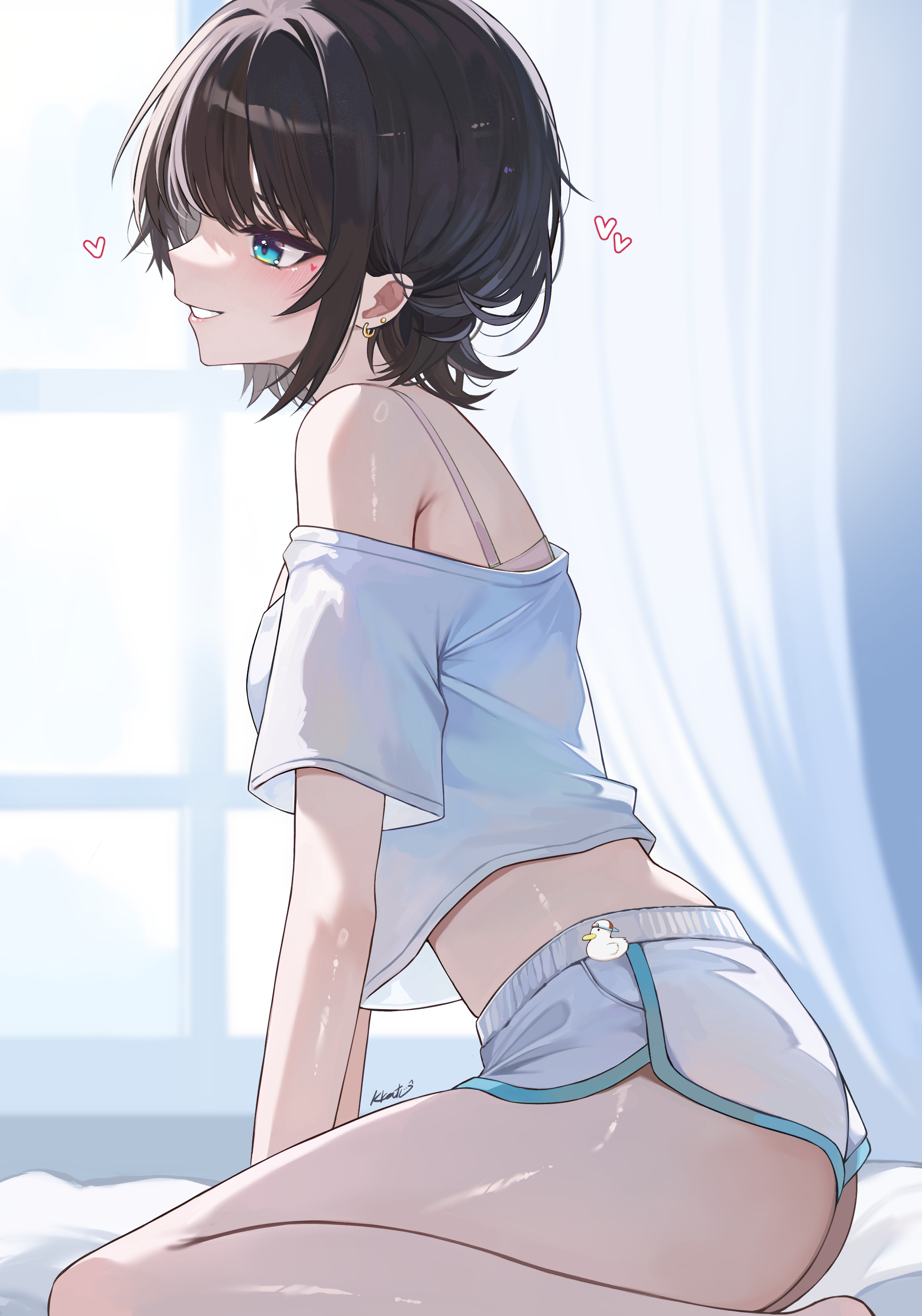 1girls, black hair, female, hololive, hololive gen 2, hololive japan, kkato, on bed, oozora subaru, panties, sitting, smile, virtual youtuber